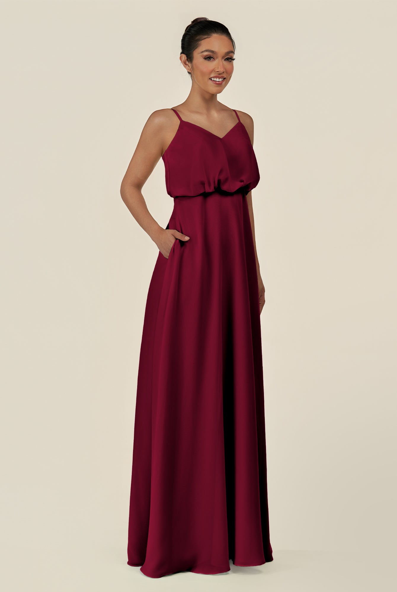 KissDress-Alix Berry A Line Chiffon V Neck Ruffled Overlay Long Bridesmaid Dress
