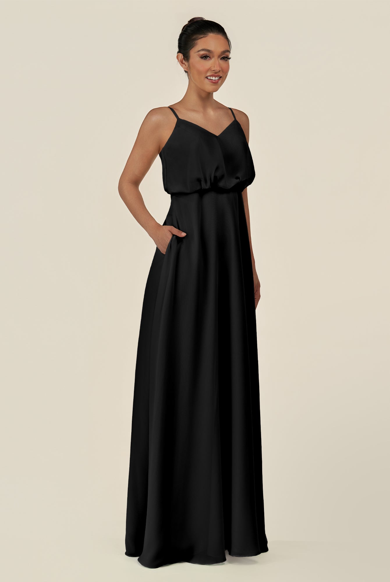 KissDress-Alix Black A Line Chiffon V Neck Ruffled Overlay Long Bridesmaid Dress