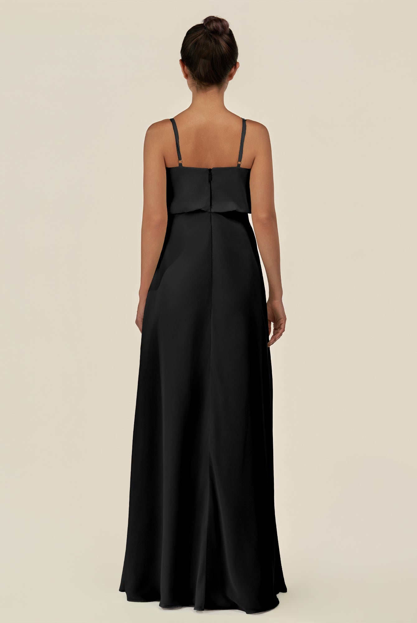 KissDress-Alix Black A Line Chiffon V Neck Ruffled Overlay Long Bridesmaid Dress