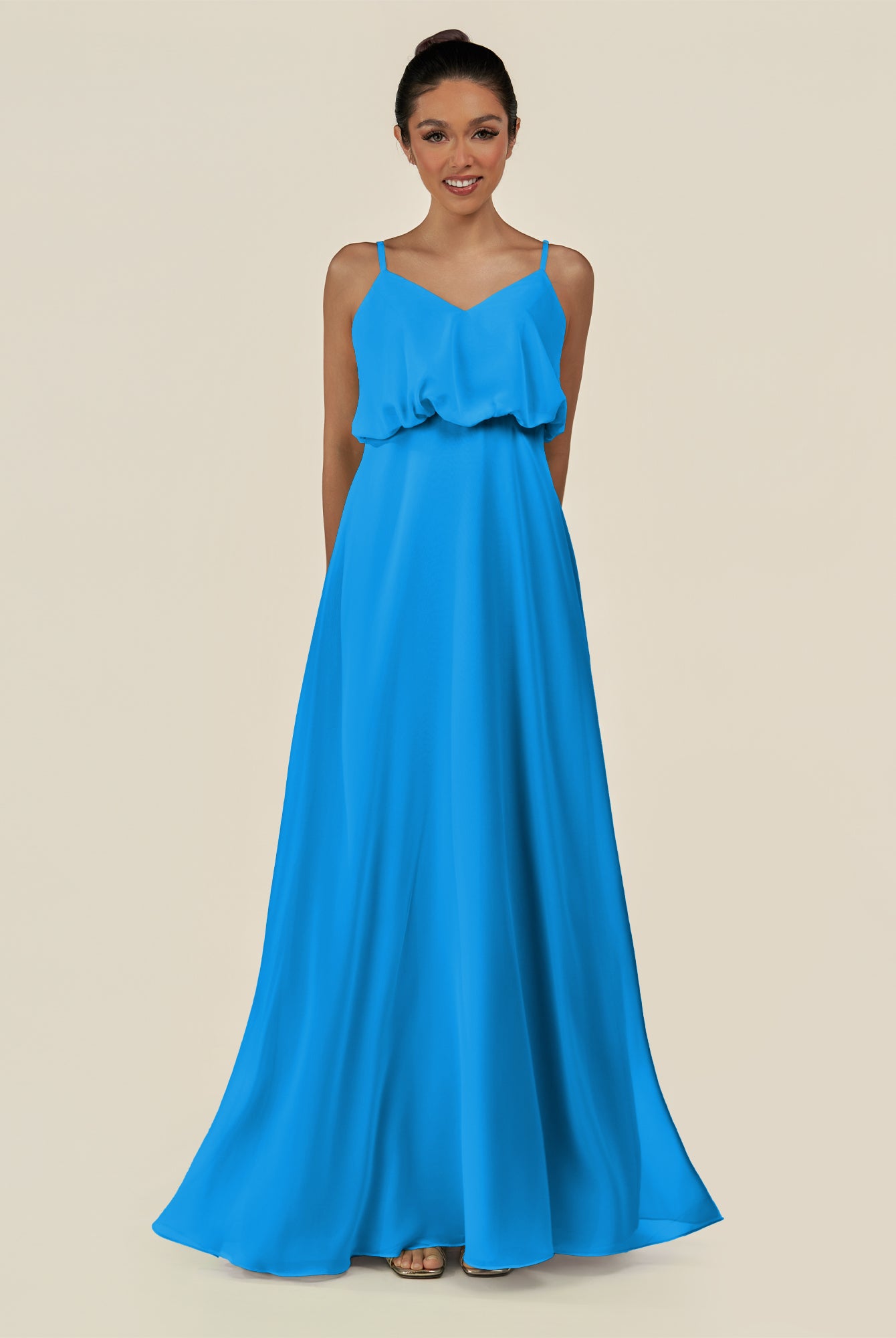 KissDress-Alix Blue Jay A Line Chiffon V Neck Ruffled Overlay Long Bridesmaid Dress