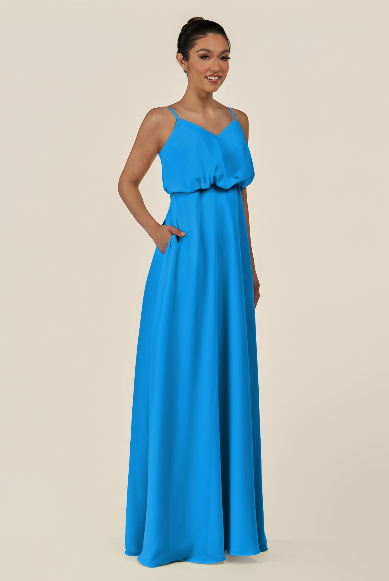 KissDress-Alix Blue Jay A Line Chiffon V Neck Ruffled Overlay Long Bridesmaid Dress