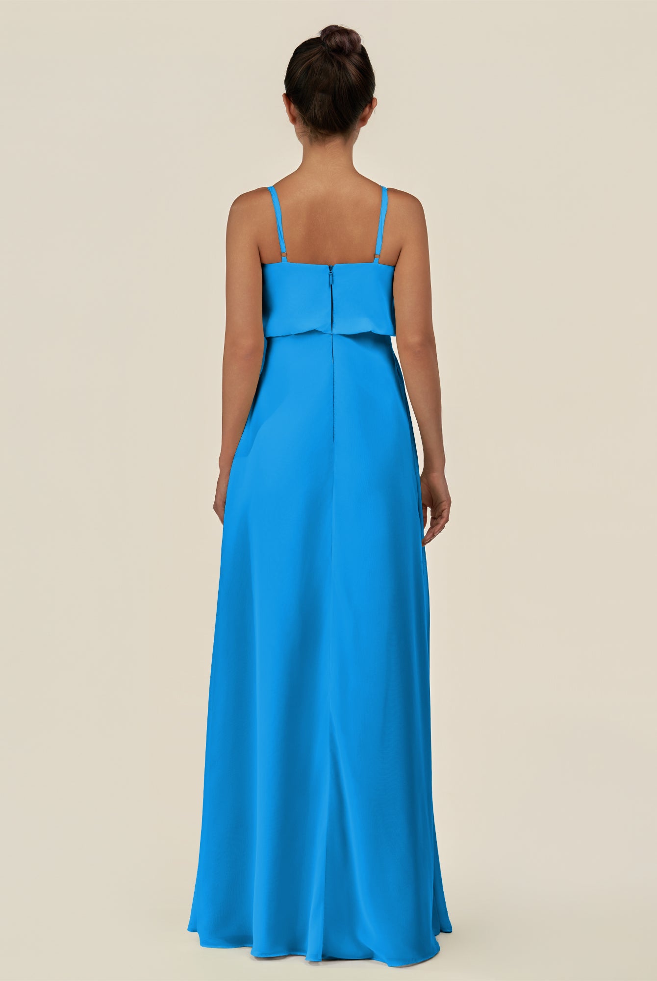 KissDress-Alix Blue Jay A Line Chiffon V Neck Ruffled Overlay Long Bridesmaid Dress