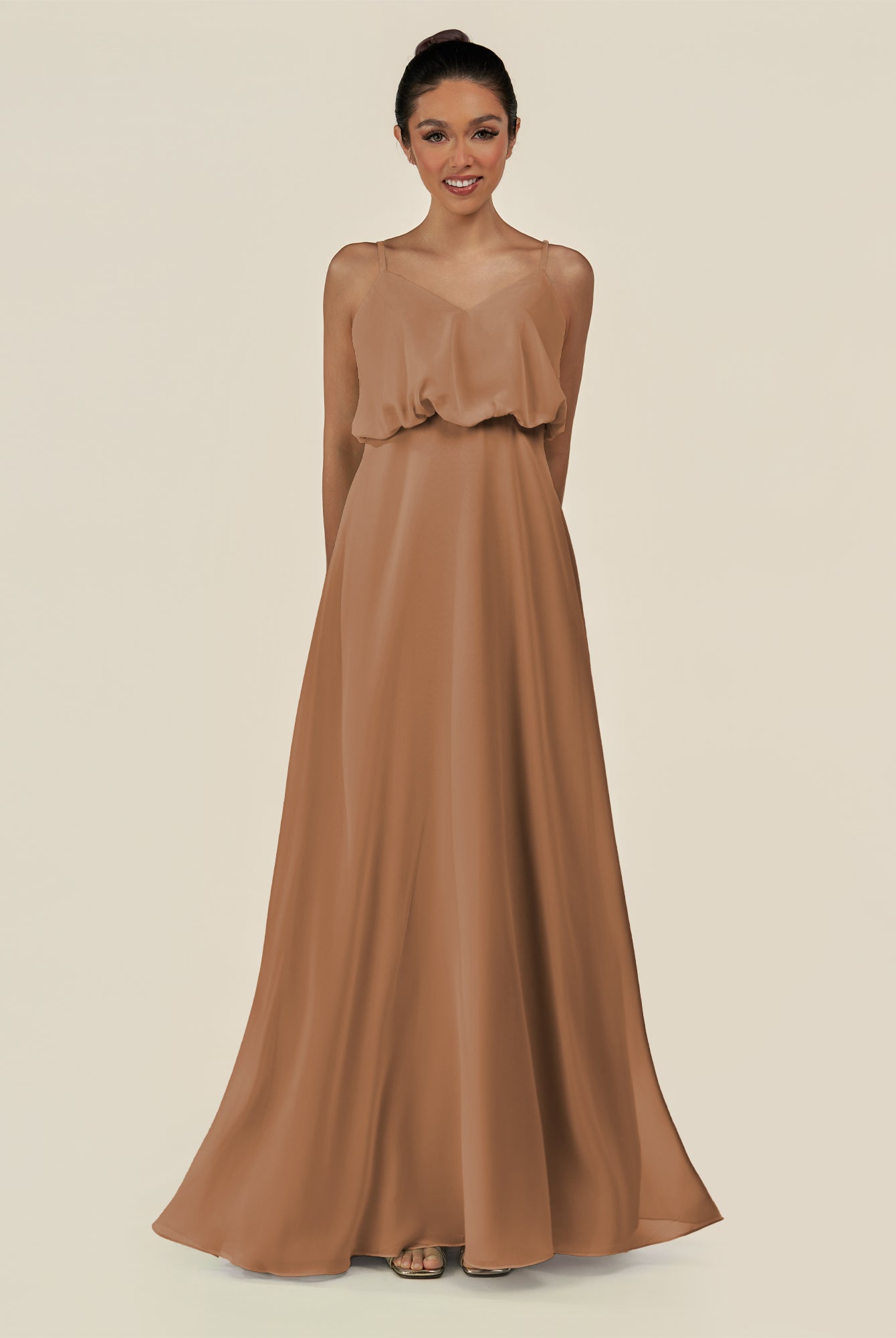 KissDress-Alix Bronzer A Line Chiffon V Neck Ruffled Overlay Long Bridesmaid Dress