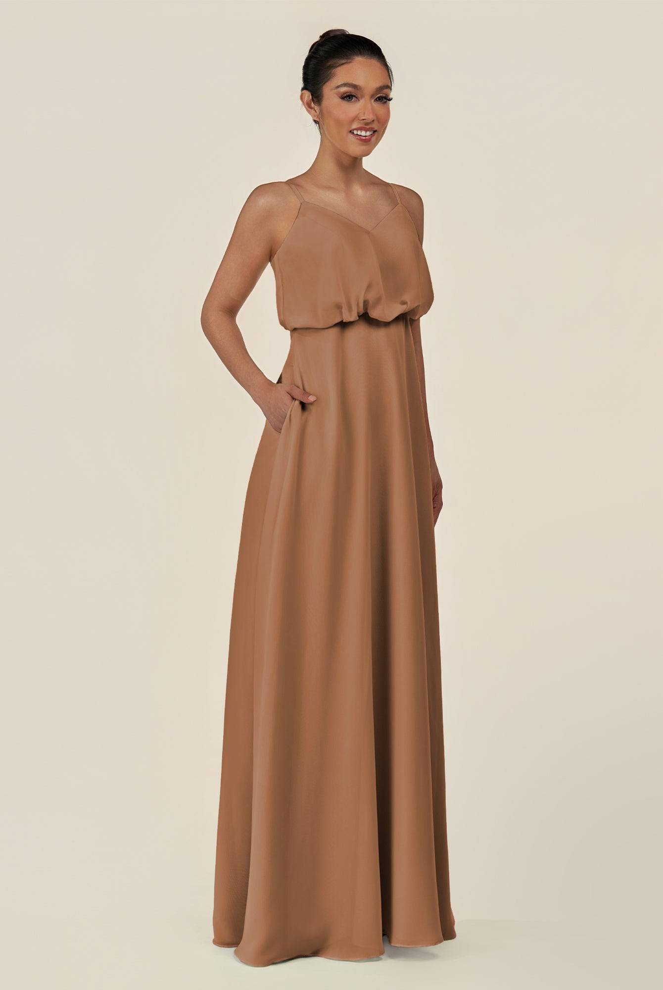 KissDress-Alix Bronzer A Line Chiffon V Neck Ruffled Overlay Long Bridesmaid Dress
