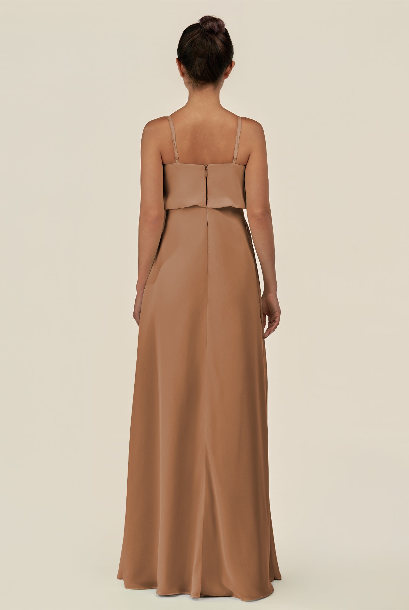 KissDress-Alix Bronzer A Line Chiffon V Neck Ruffled Overlay Long Bridesmaid Dress
