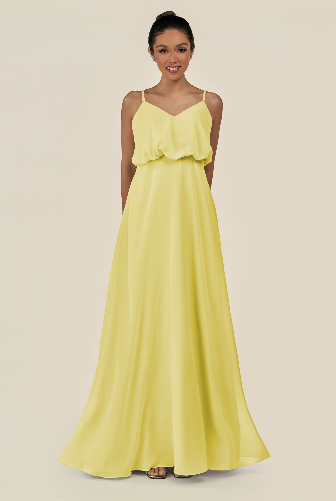KissDress-Alix Buttercup A Line Chiffon V Neck Ruffled Overlay Long Bridesmaid Dress