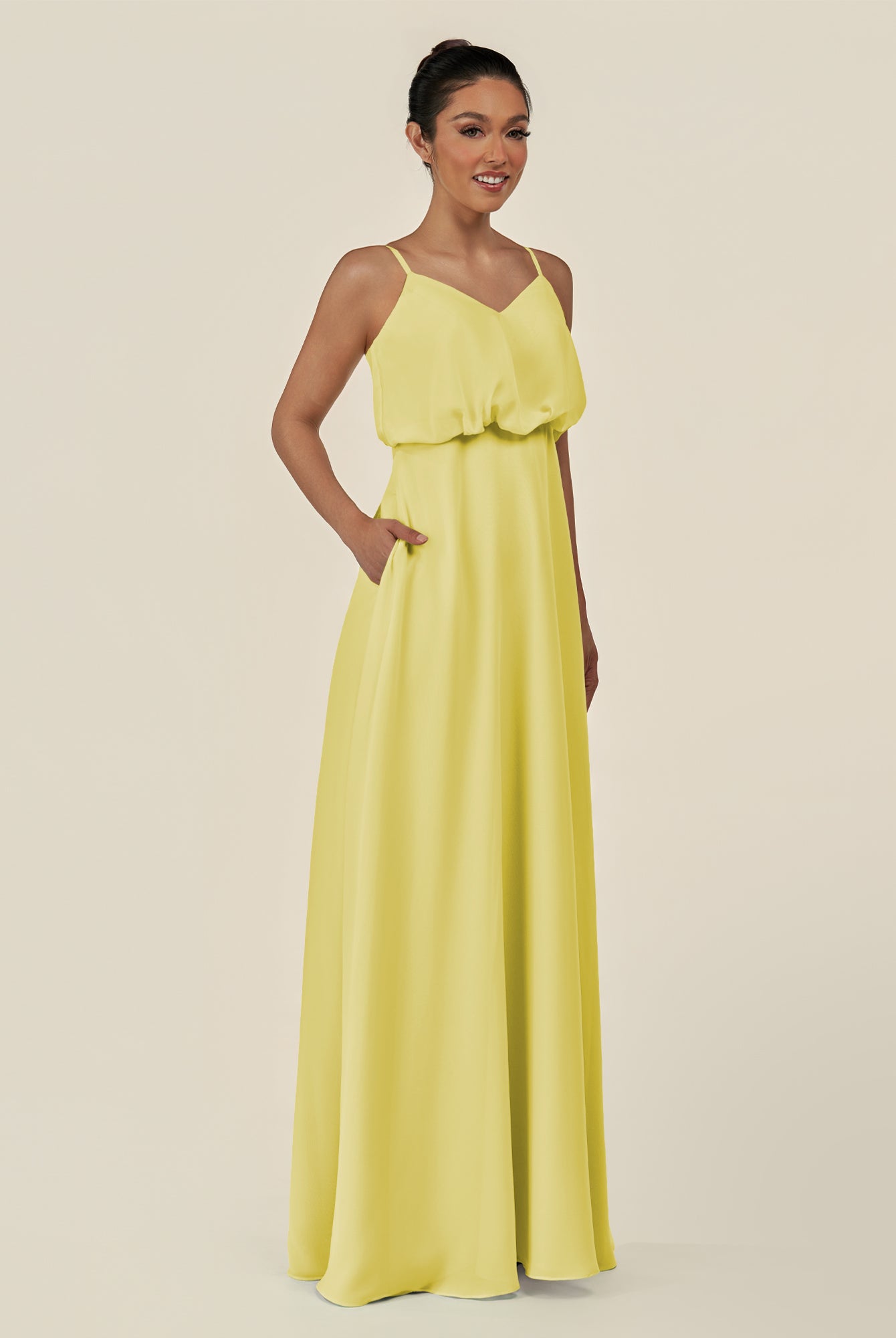 KissDress-Alix Buttercup A Line Chiffon V Neck Ruffled Overlay Long Bridesmaid Dress