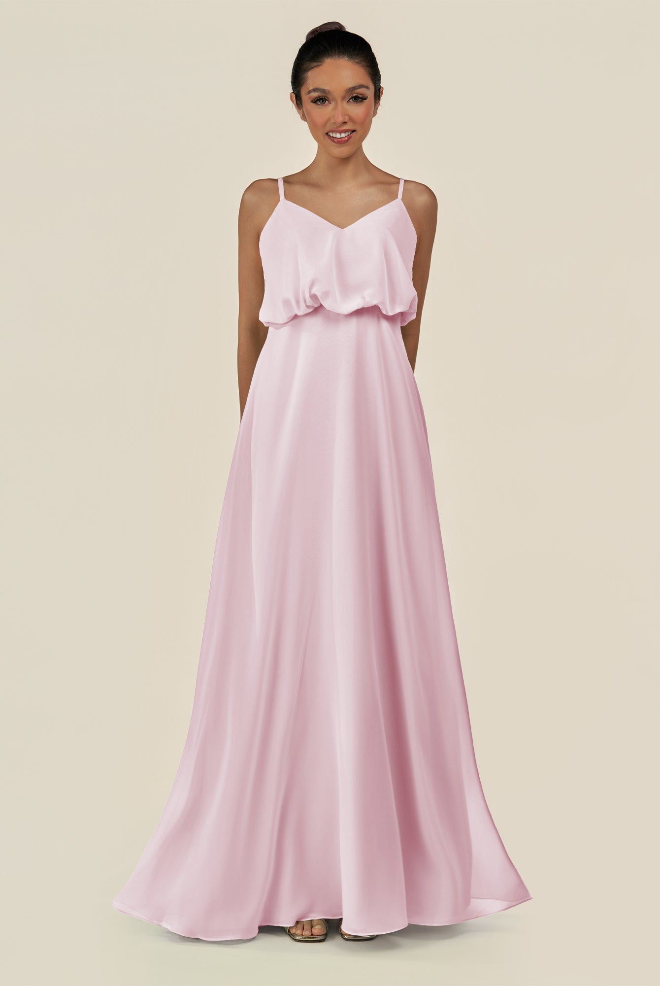 KissDress-Alix Candy Pink A Line Chiffon V Neck Ruffled Overlay Long Bridesmaid Dress