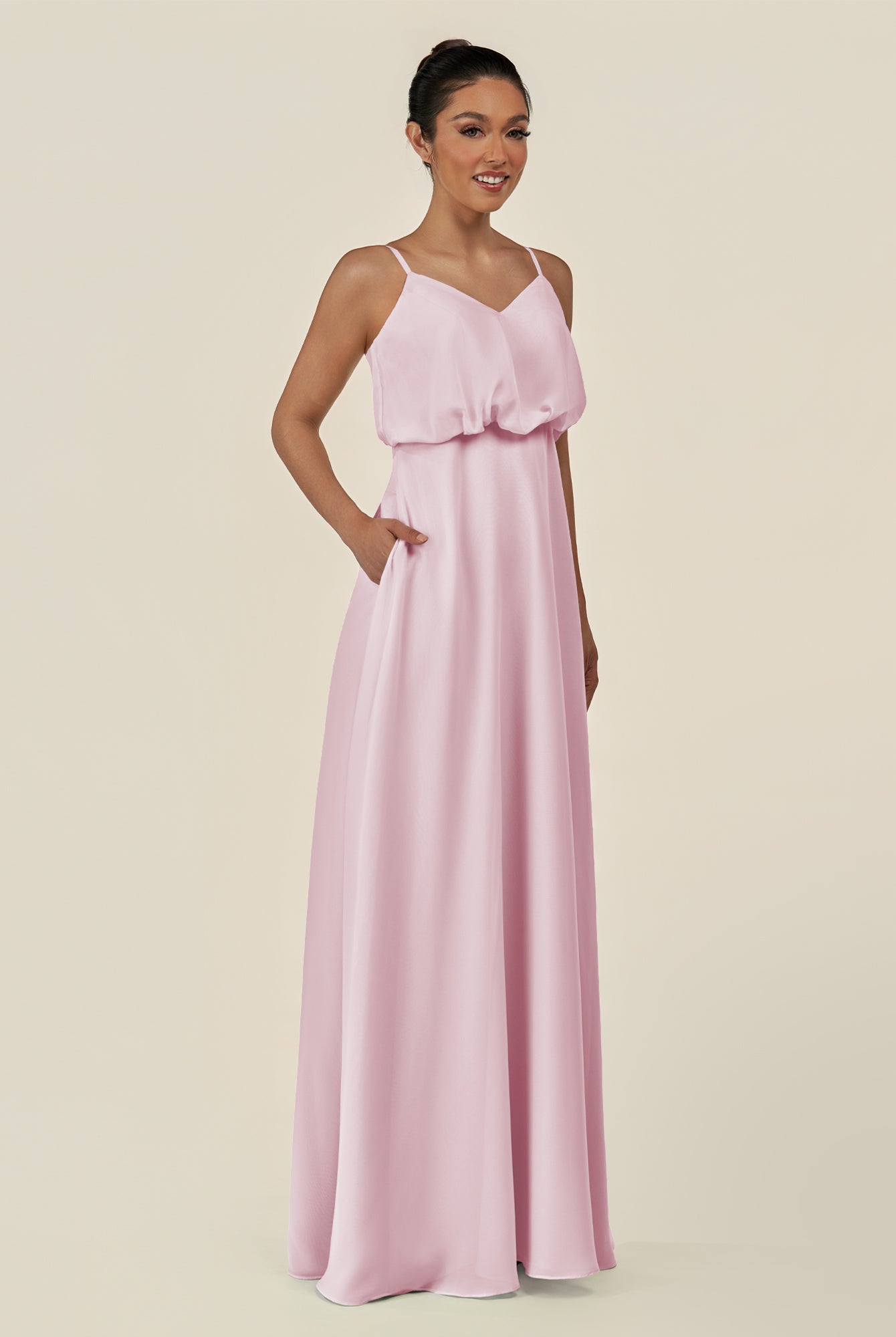 KissDress-Alix Candy Pink A Line Chiffon V Neck Ruffled Overlay Long Bridesmaid Dress