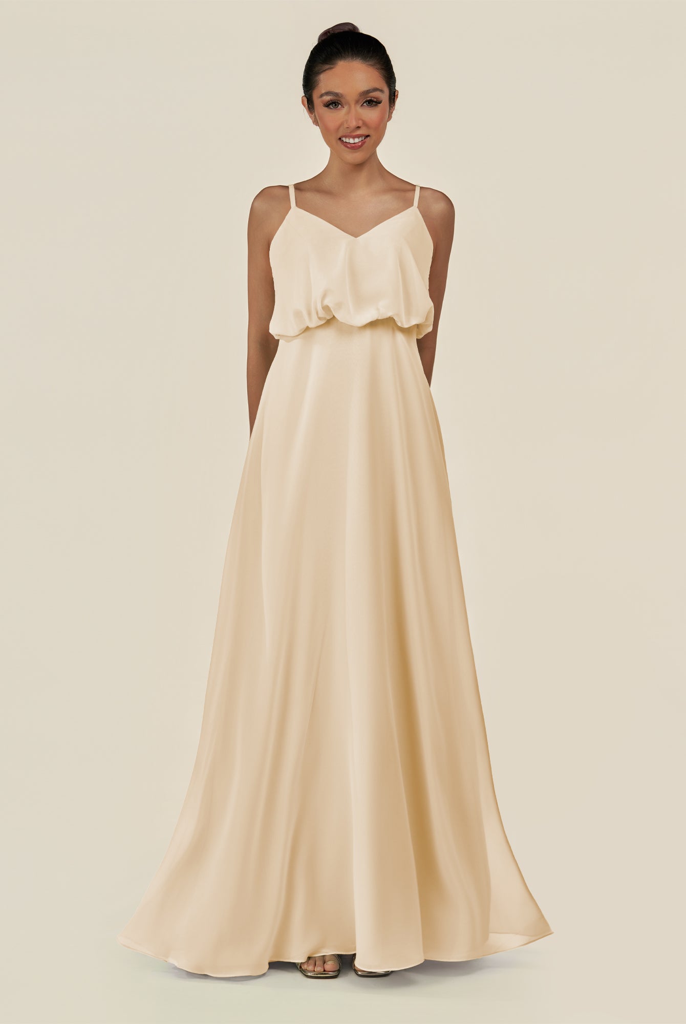 KissDress-Alix Champagne A Line Chiffon V Neck Ruffled Overlay Long Bridesmaid Dress