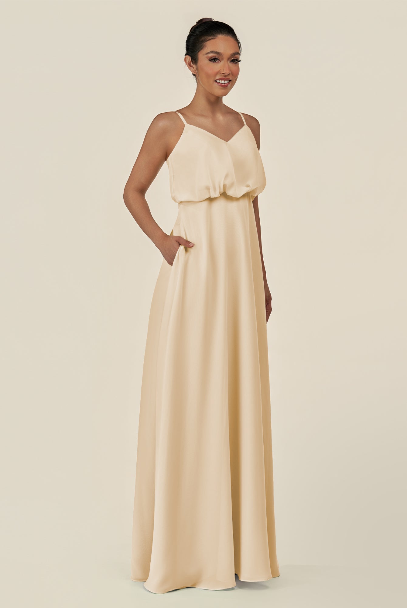 KissDress-Alix Champagne A Line Chiffon V Neck Ruffled Overlay Long Bridesmaid Dress
