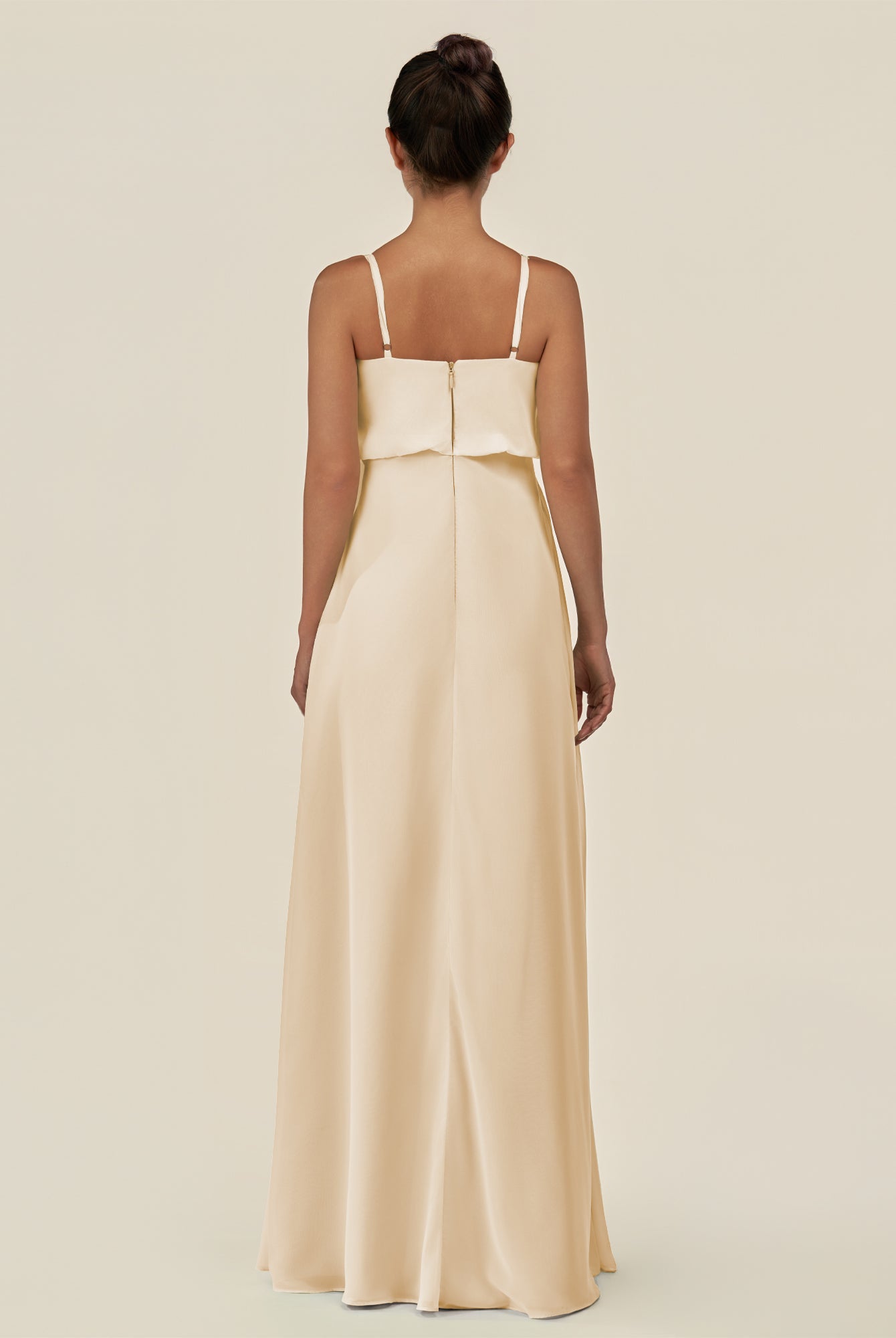 KissDress-Alix Champagne A Line Chiffon V Neck Ruffled Overlay Long Bridesmaid Dress