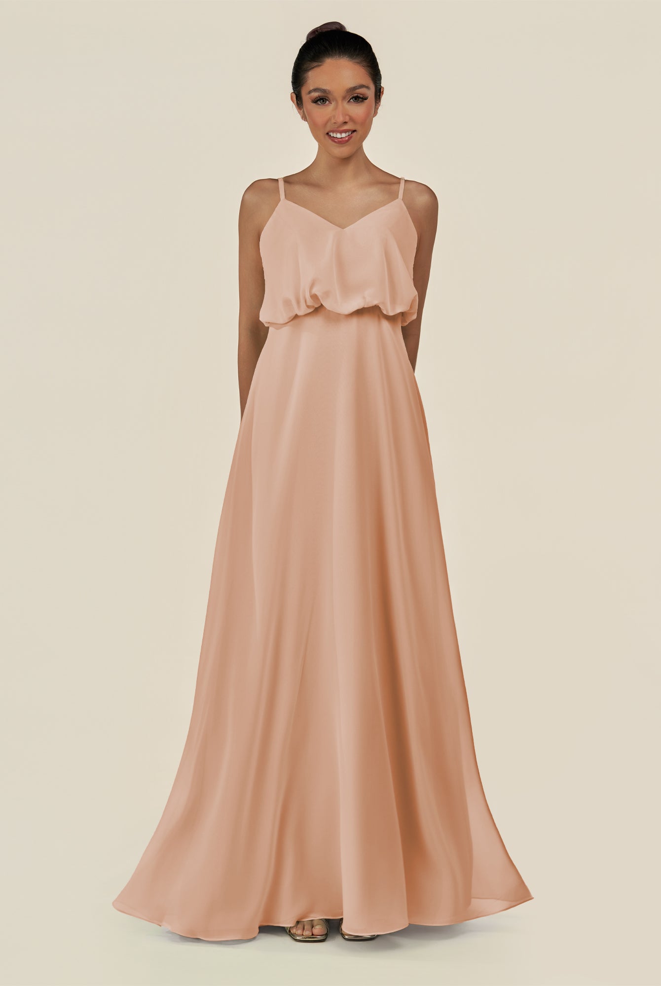 KissDress-Alix Champagne Rose A Line Chiffon V Neck Ruffled Overlay Long Bridesmaid Dress