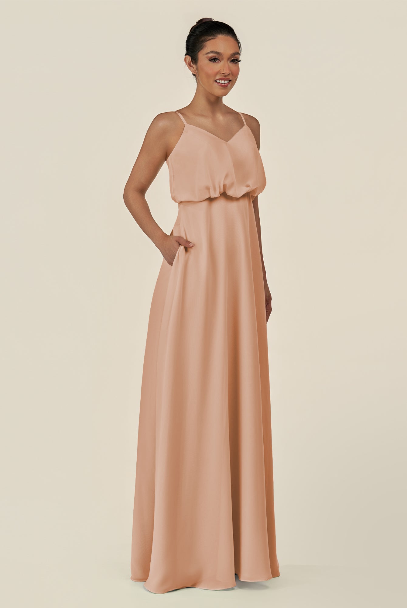 KissDress-Alix Champagne Rose A Line Chiffon V Neck Ruffled Overlay Long Bridesmaid Dress