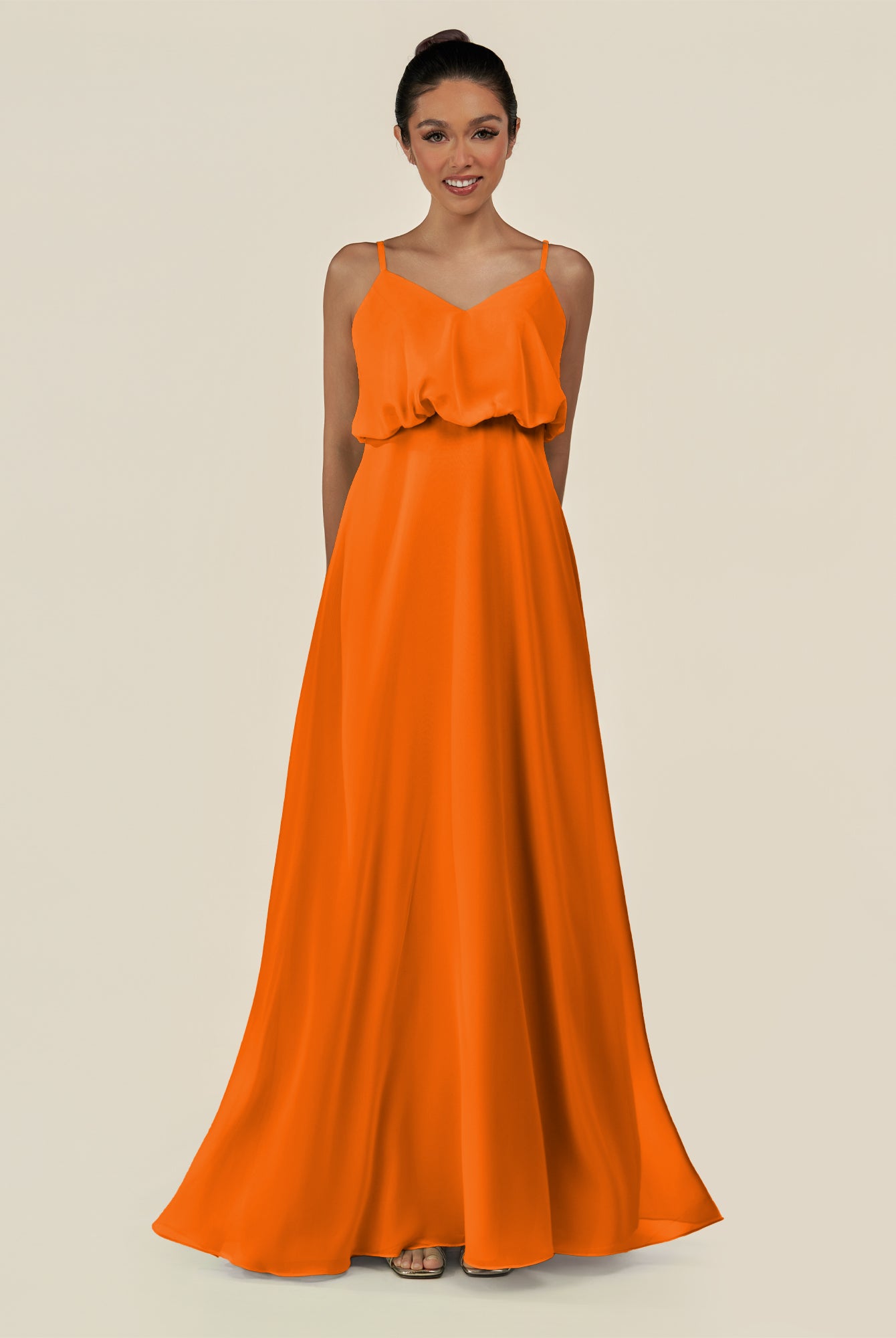 KissDress-Alix Cinnamon A Line Chiffon V Neck Ruffled Overlay Long Bridesmaid Dress