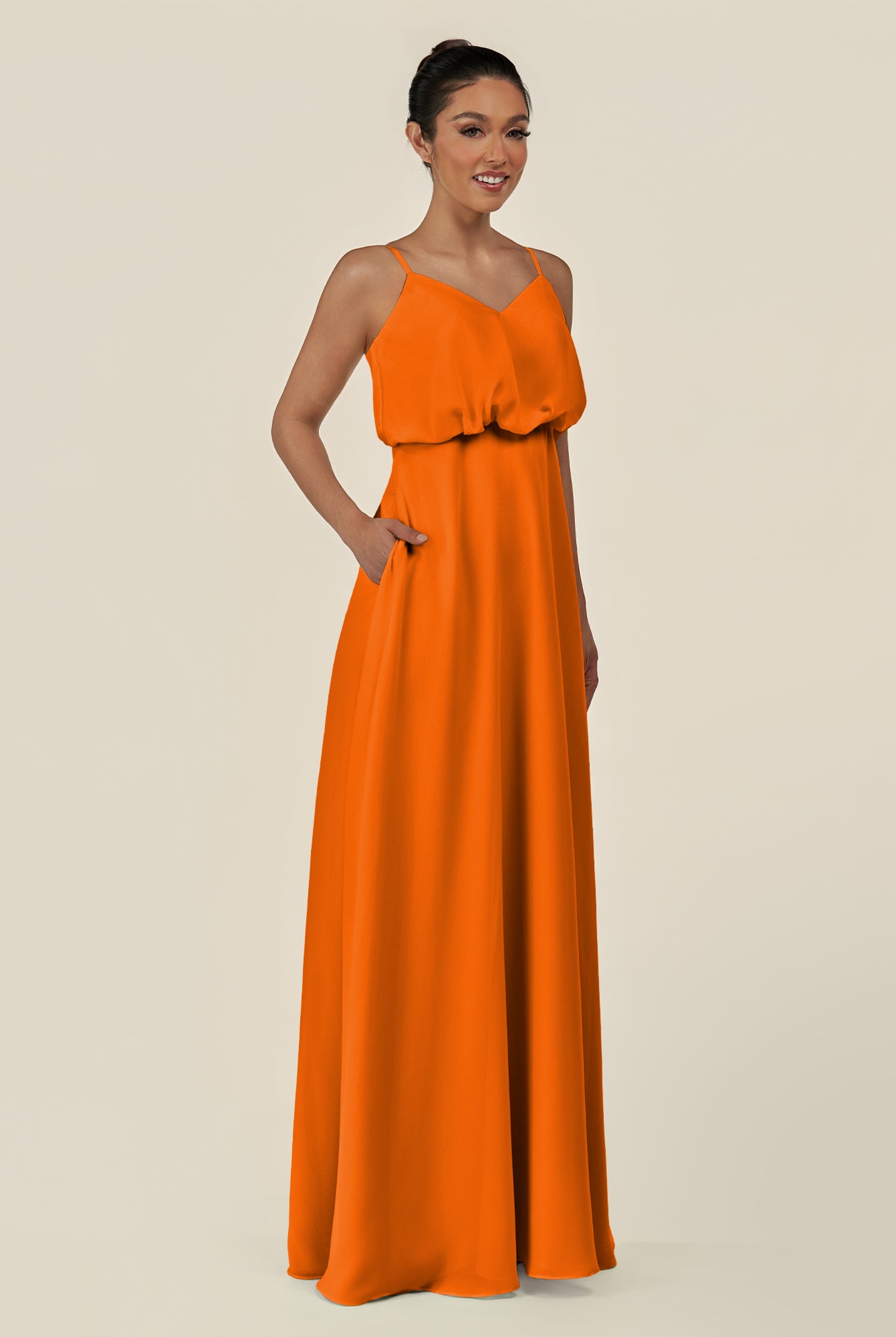 KissDress-Alix Cinnamon A Line Chiffon V Neck Ruffled Overlay Long Bridesmaid Dress