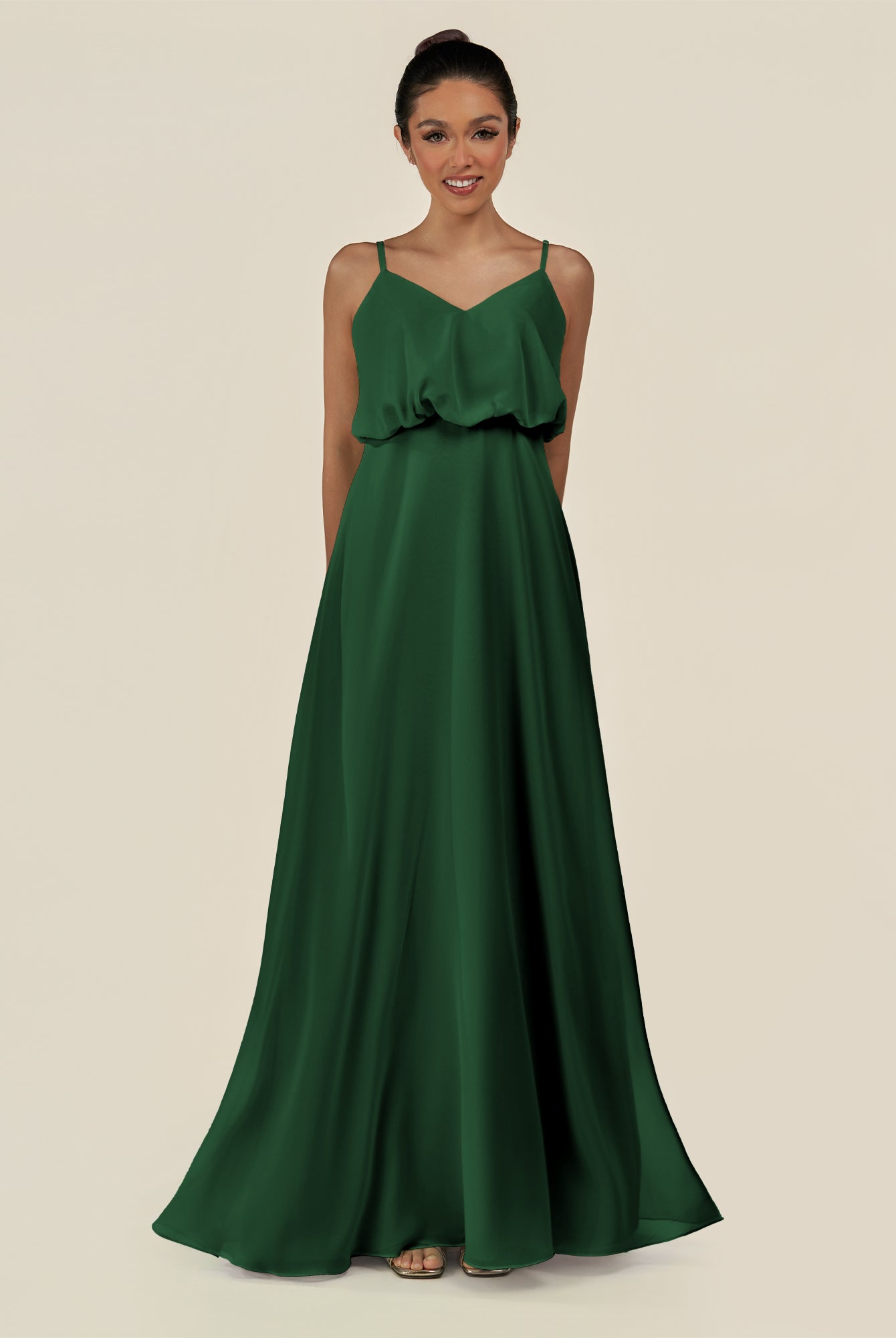 KissDress-Alix Dark Green A Line Chiffon V Neck Ruffled Overlay Long Bridesmaid Dress
