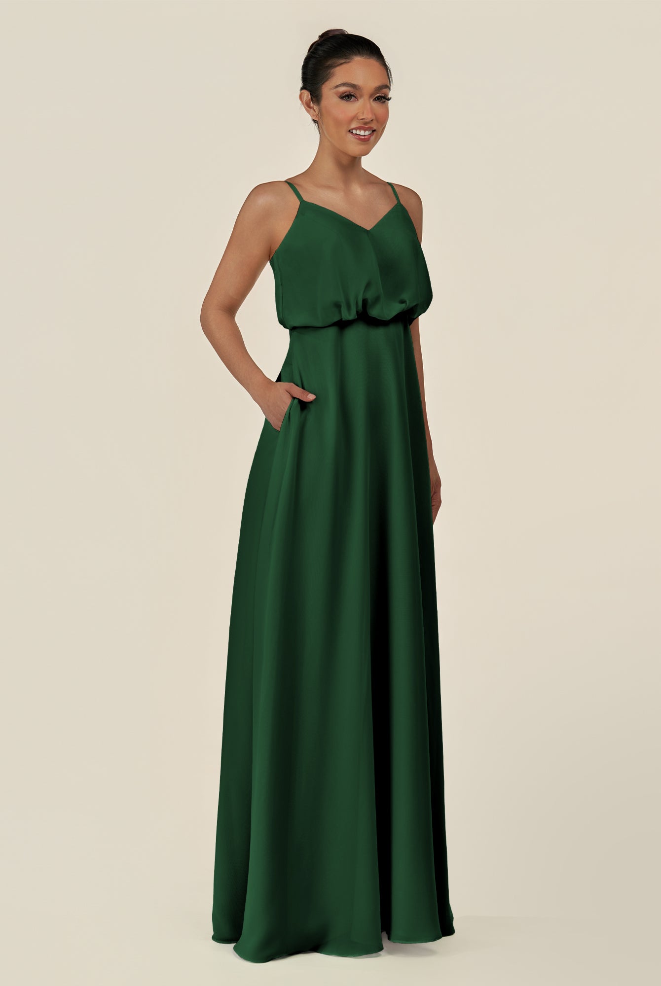 KissDress-Alix Dark Green A Line Chiffon V Neck Ruffled Overlay Long Bridesmaid Dress