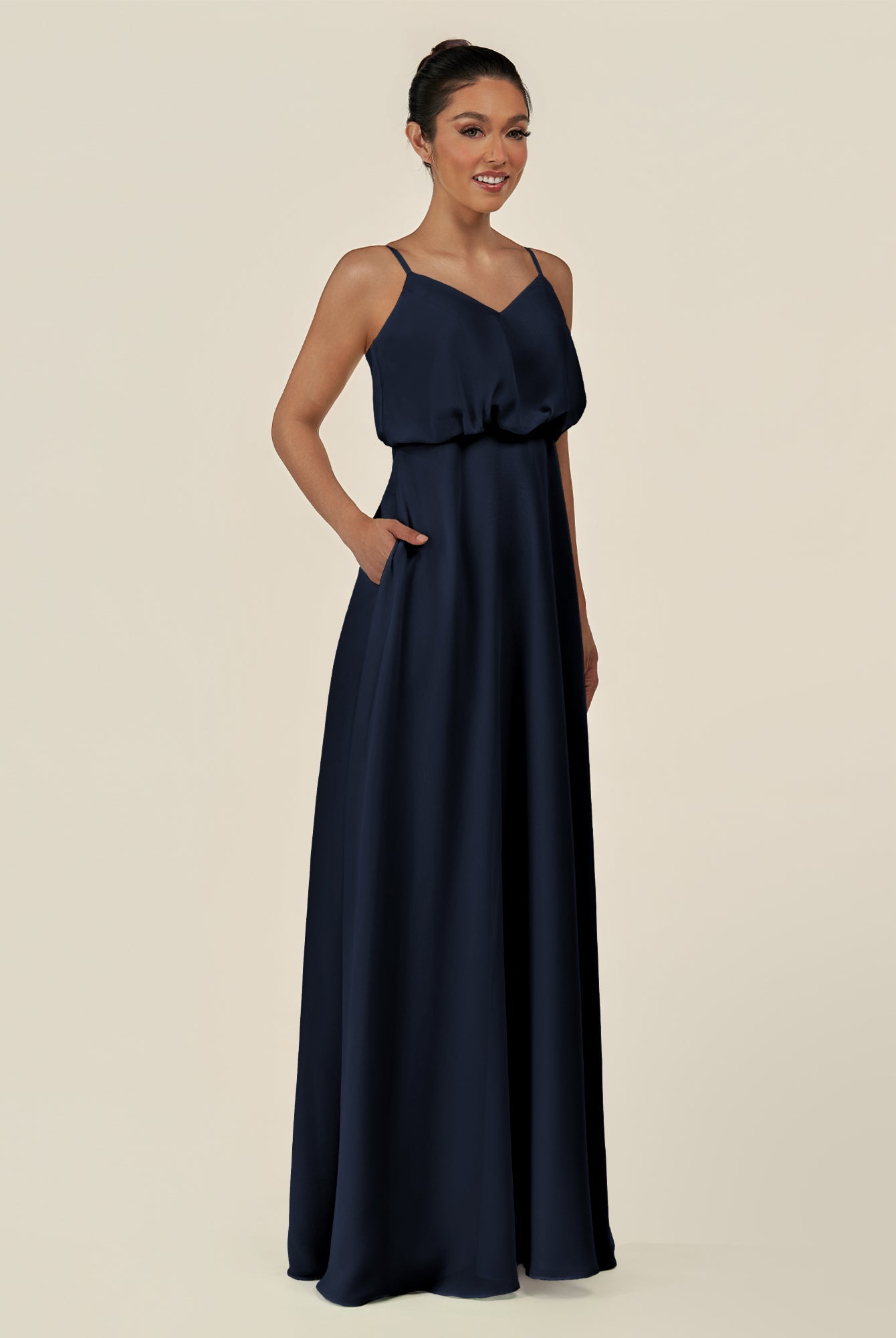 KissDress-Alix Dark Navy A Line Chiffon V Neck Ruffled Overlay Long Bridesmaid Dress