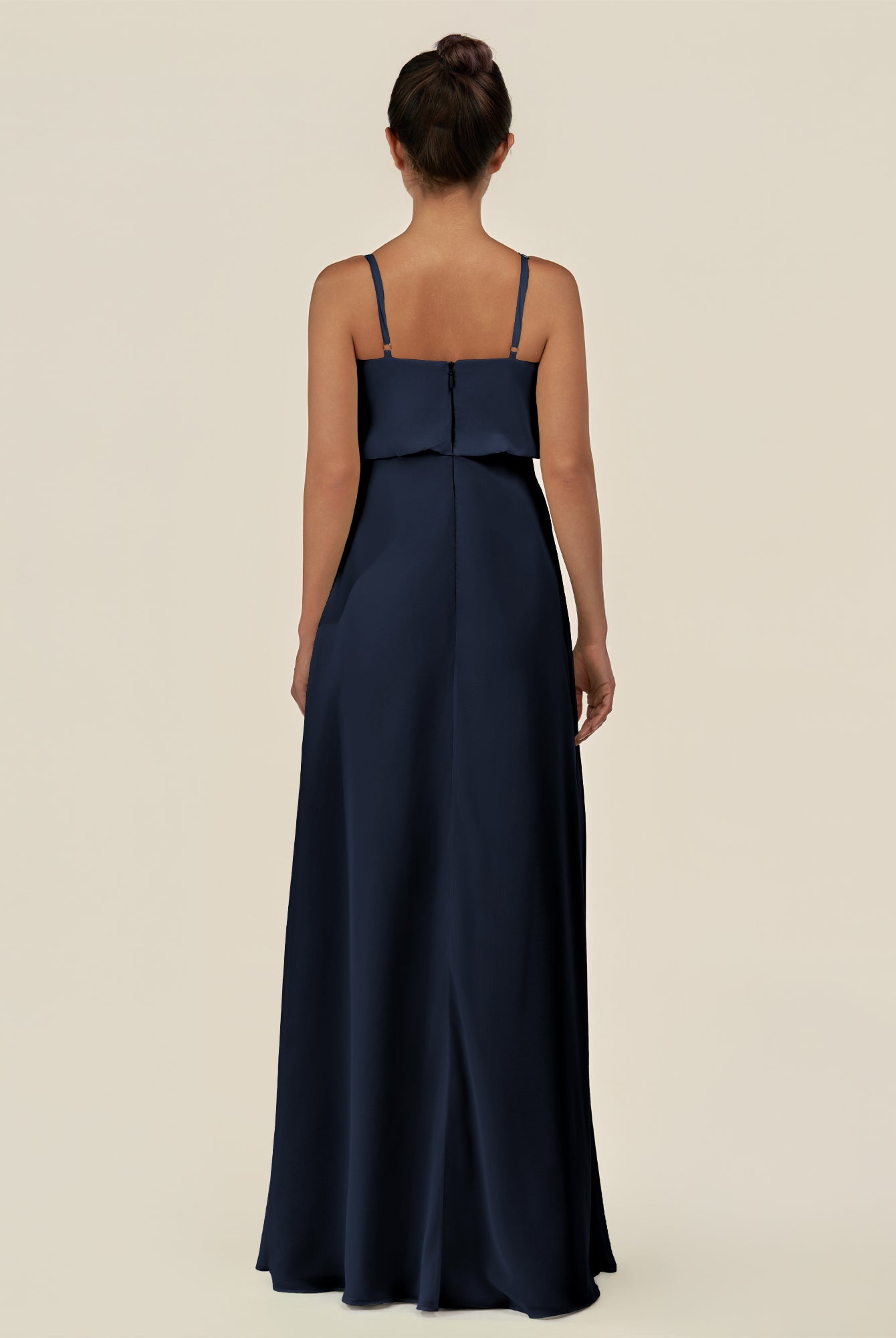 KissDress-Alix Dark Navy A Line Chiffon V Neck Ruffled Overlay Long Bridesmaid Dress