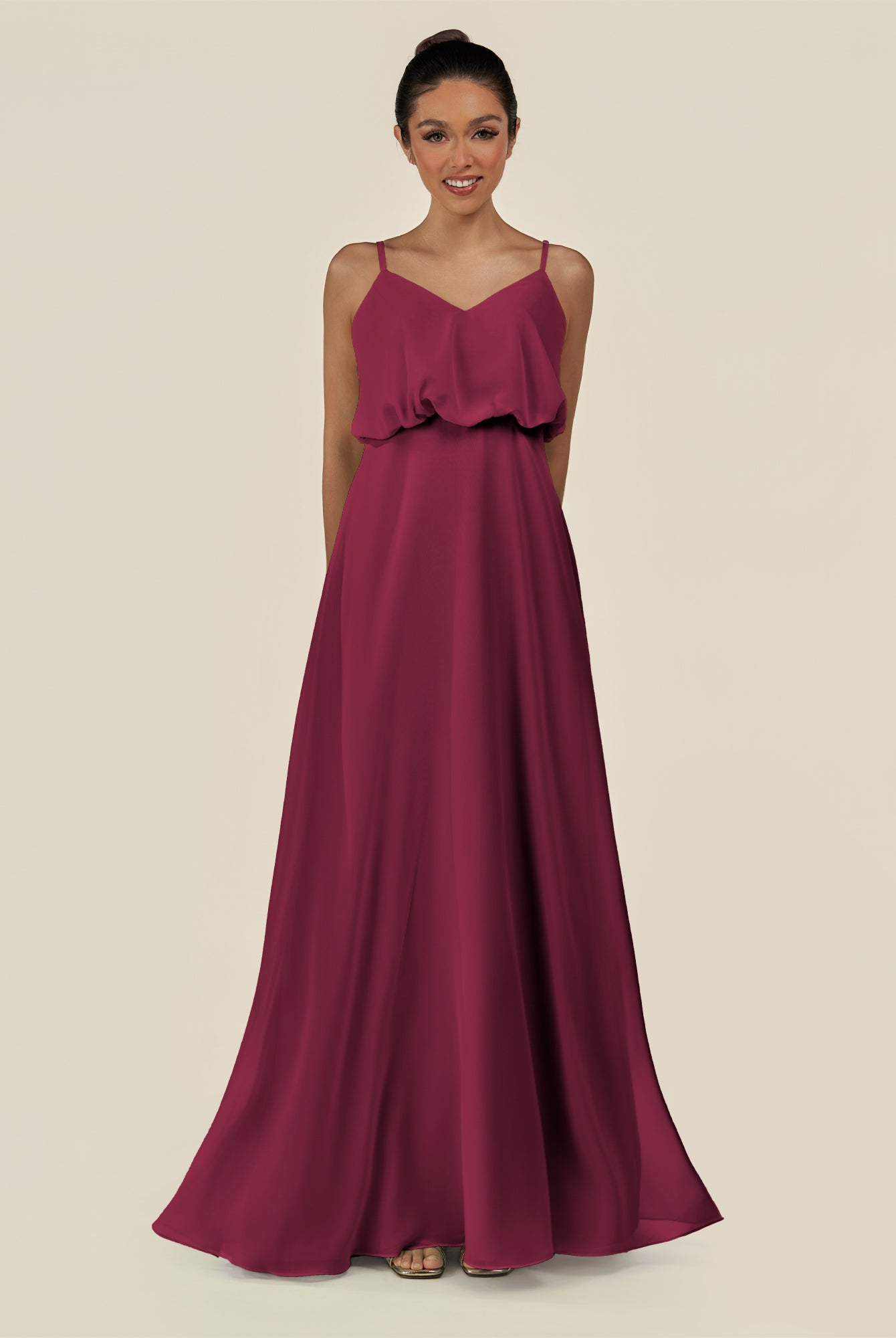 KissDress-Alix Desert Rose A Line Chiffon V Neck Ruffled Overlay Long Bridesmaid Dress