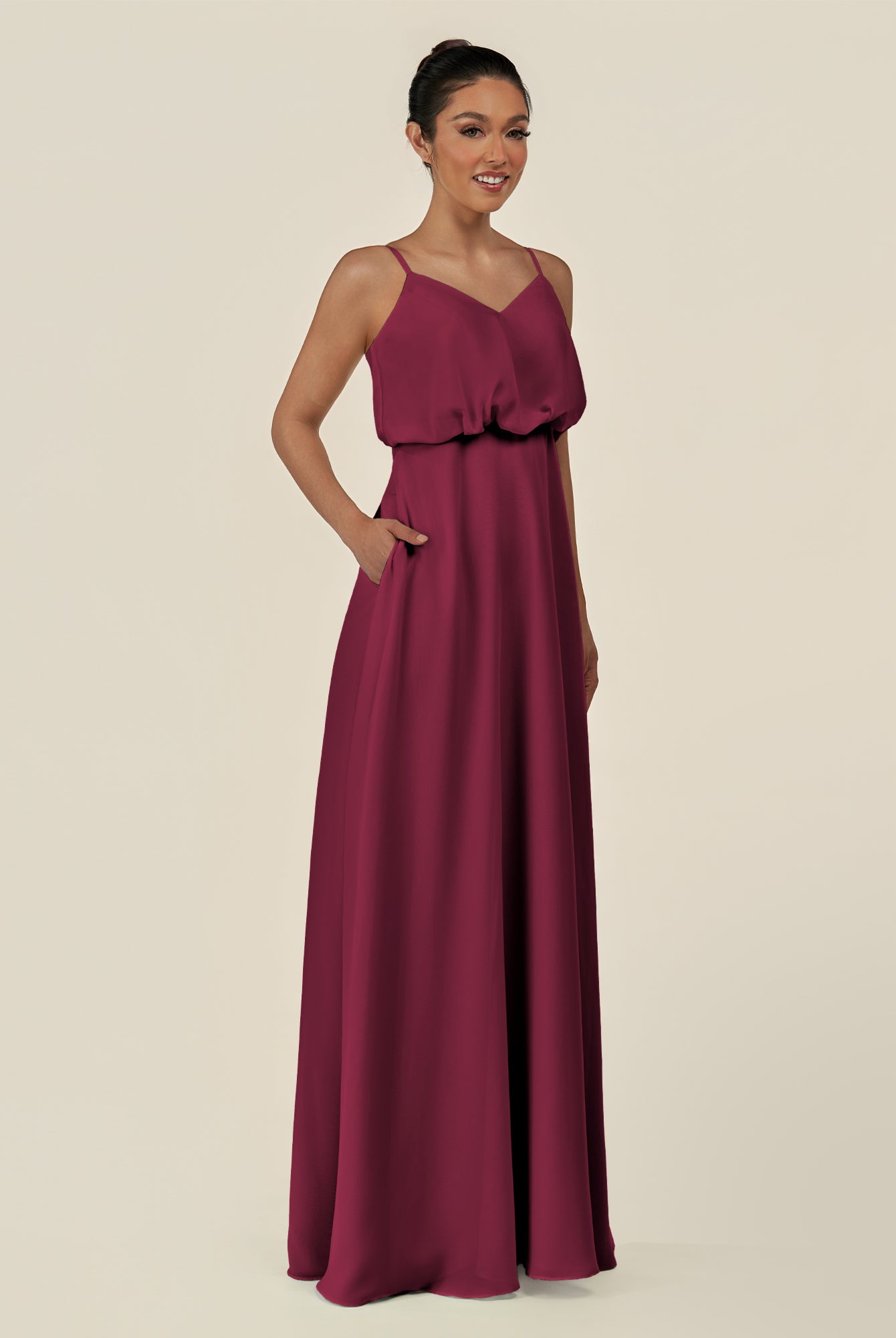 KissDress-Alix Desert Rose A Line Chiffon V Neck Ruffled Overlay Long Bridesmaid Dress