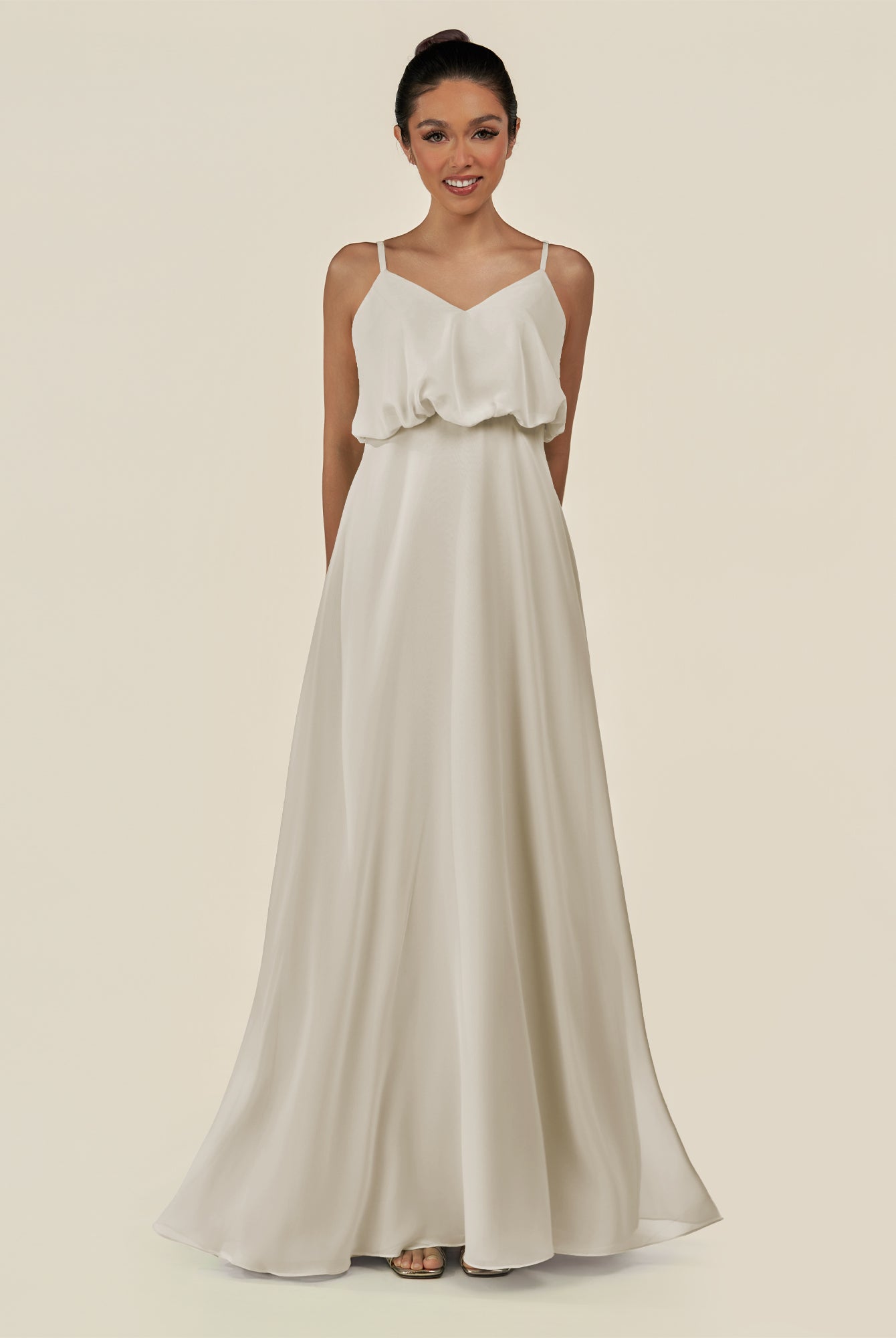 KissDress-Alix Dove Gray A Line Chiffon V Neck Ruffled Overlay Long Bridesmaid Dress