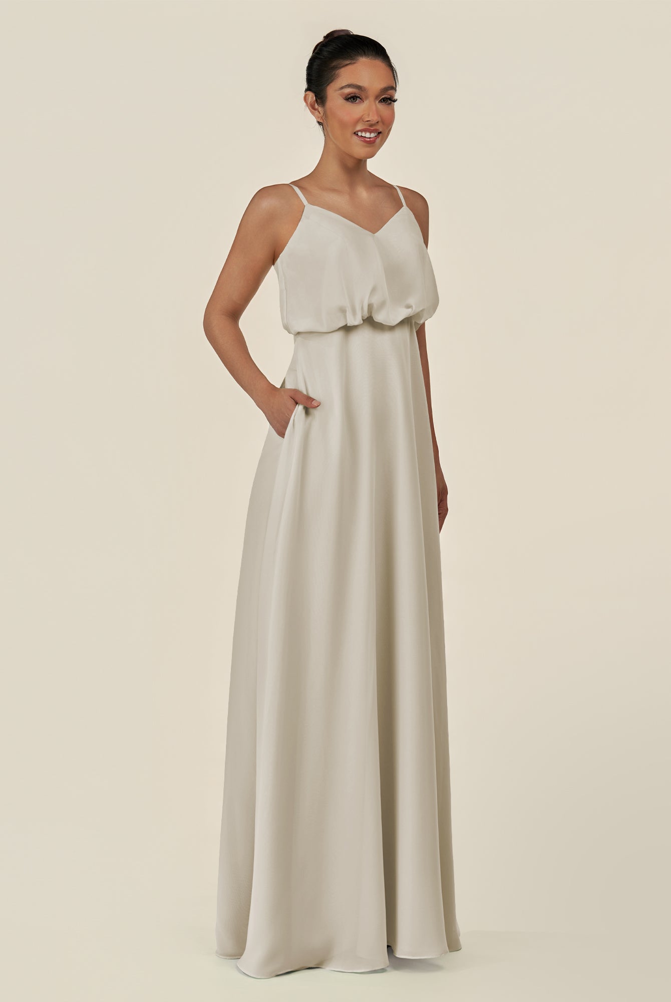 KissDress-Alix Dove Gray A Line Chiffon V Neck Ruffled Overlay Long Bridesmaid Dress