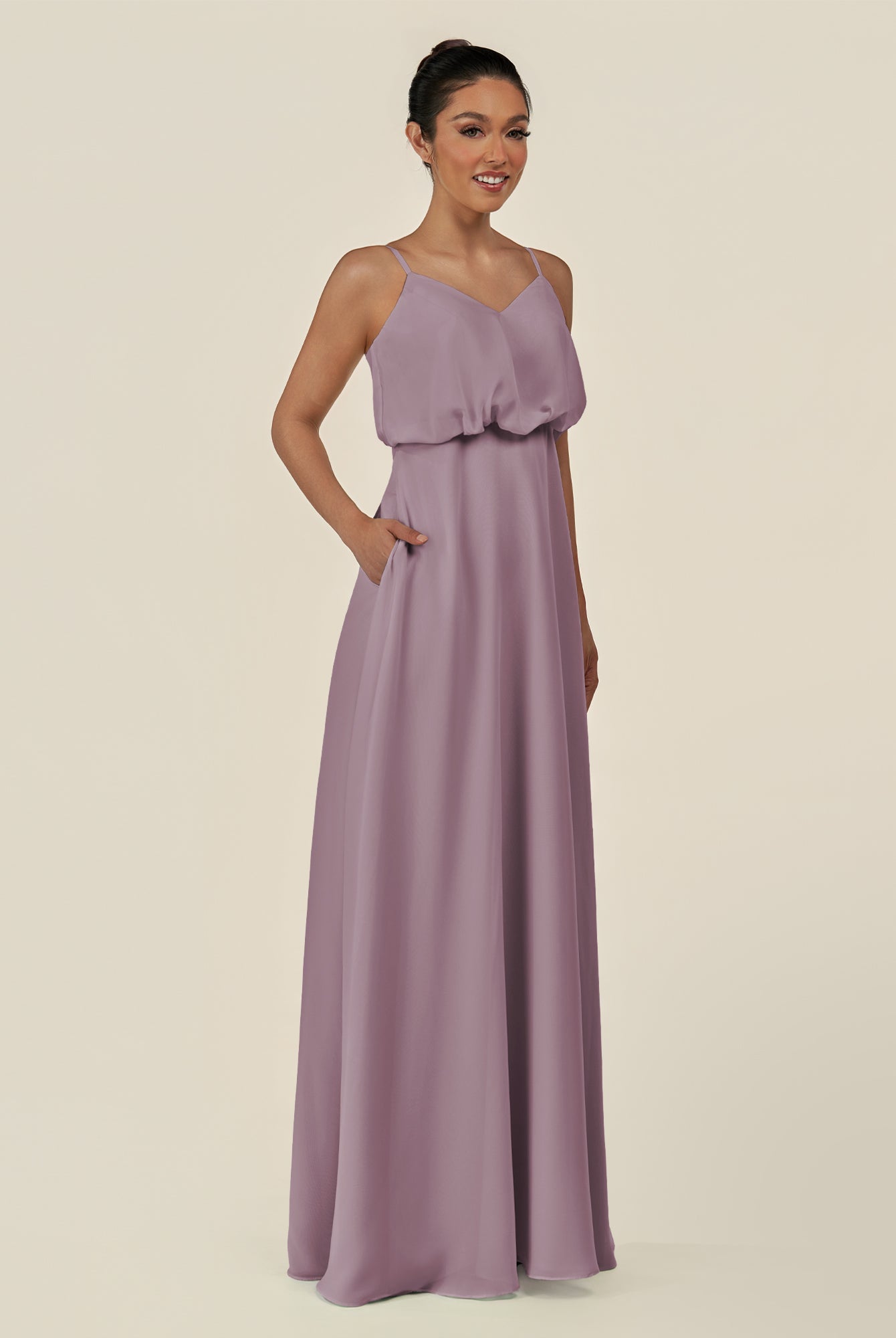 KissDress-Alix Dusk A Line Chiffon V Neck Ruffled Overlay Long Bridesmaid Dress