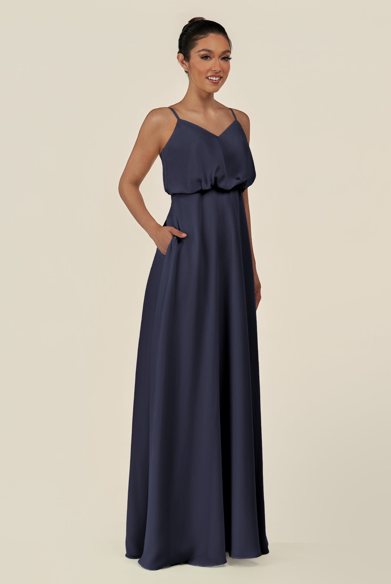 KissDress-Alix Dusk Blue A Line Chiffon V Neck Ruffled Overlay Long Bridesmaid Dress
