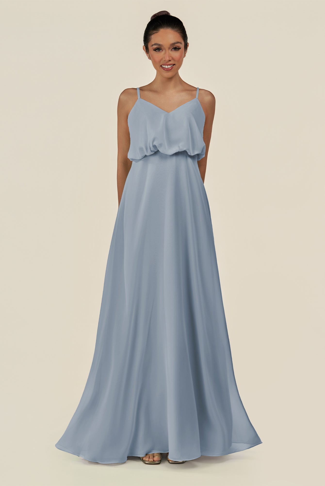 KissDress-Alix Dusty Blue A Line Chiffon V Neck Ruffled Overlay Long Bridesmaid Dress