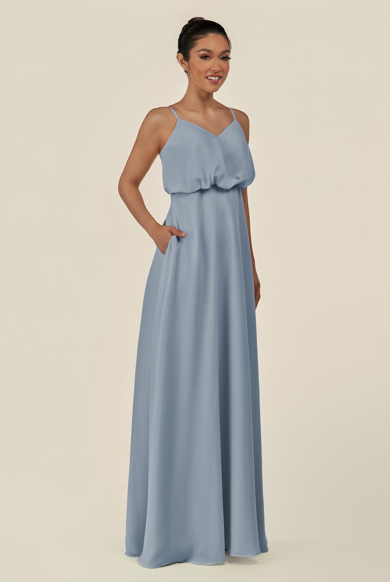 KissDress-Alix Dusty Blue A Line Chiffon V Neck Ruffled Overlay Long Bridesmaid Dress