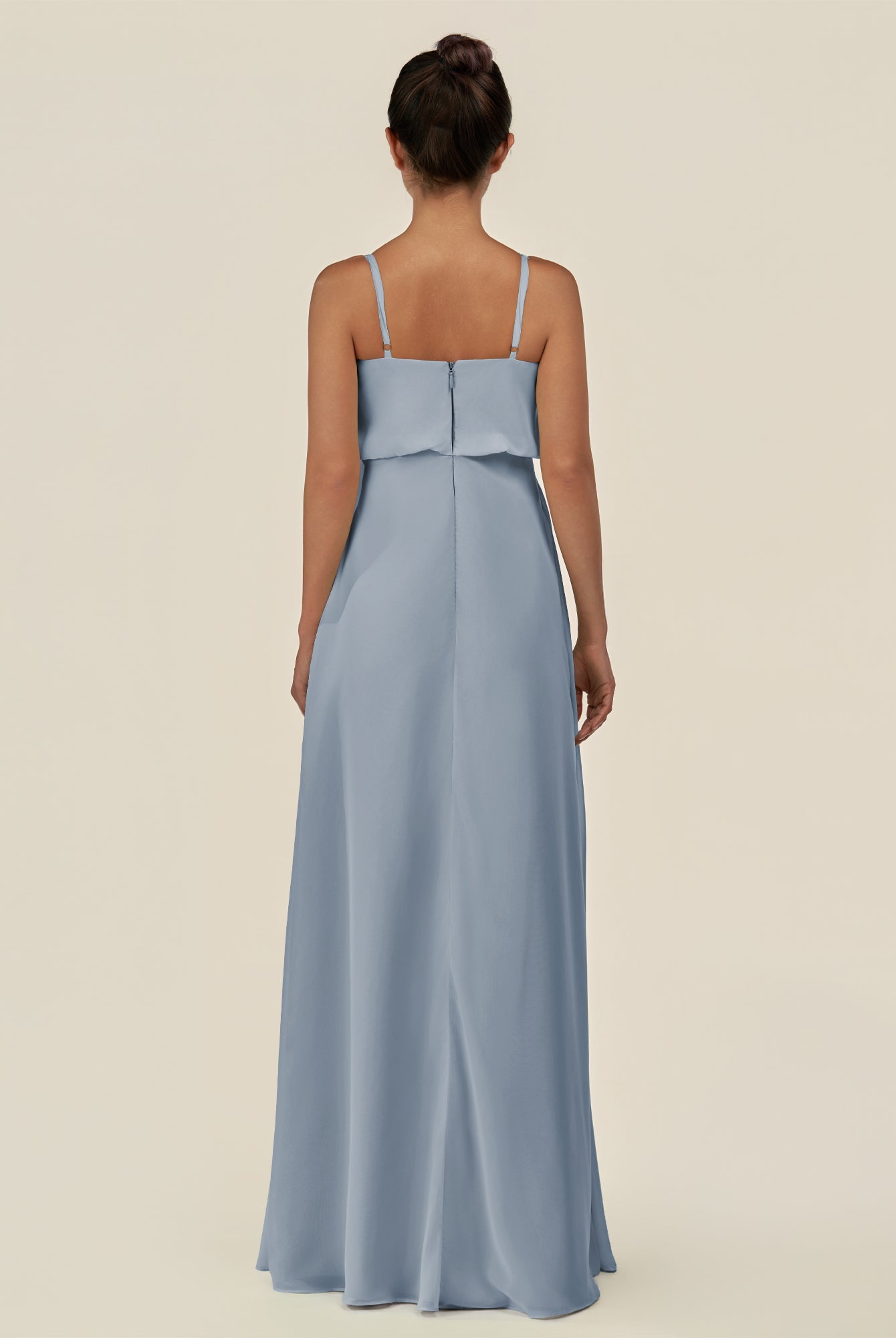 KissDress-Alix Dusty Blue A Line Chiffon V Neck Ruffled Overlay Long Bridesmaid Dress