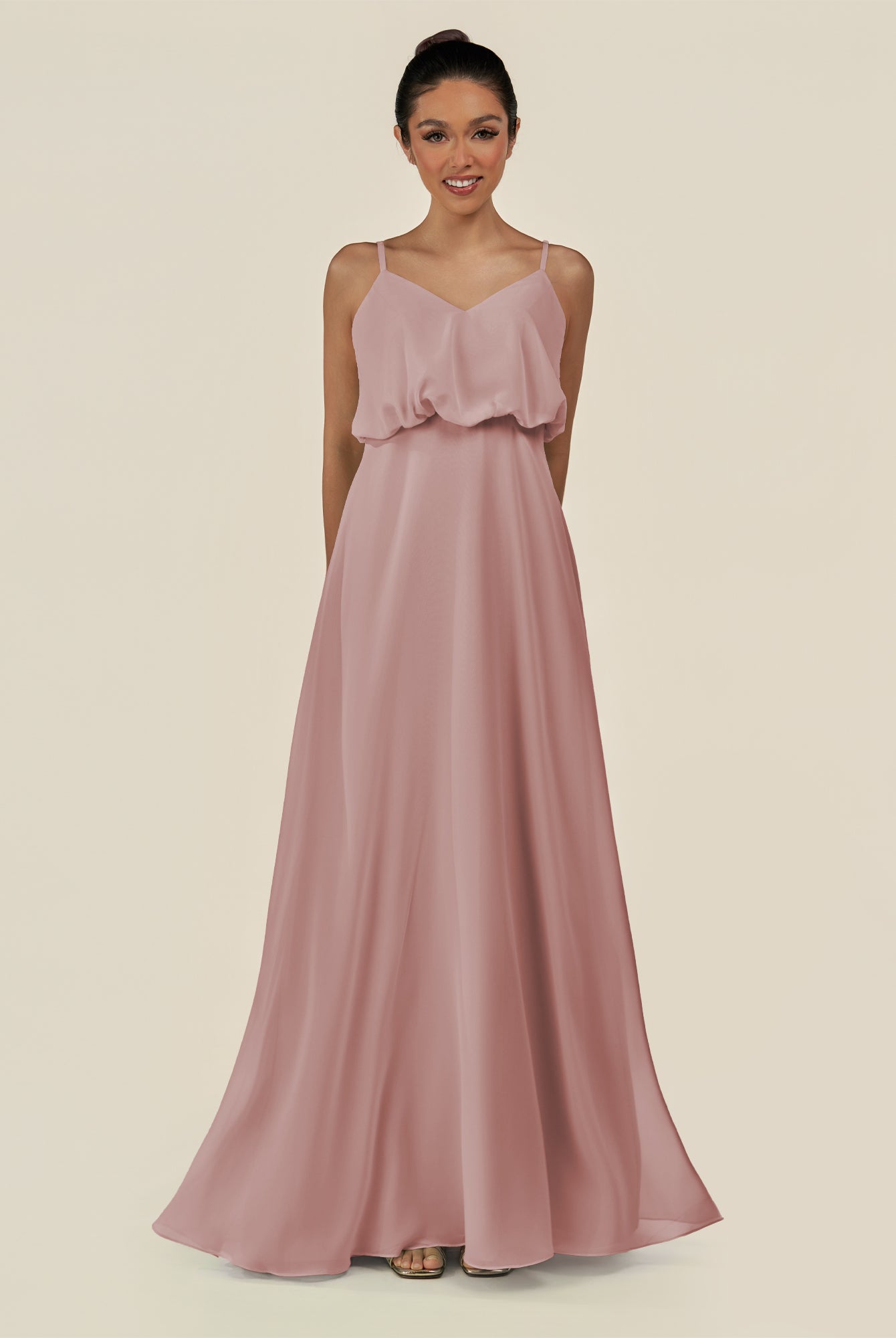 KissDress-Alix Dusty Rose A Line Chiffon V Neck Ruffled Overlay Long Bridesmaid Dress