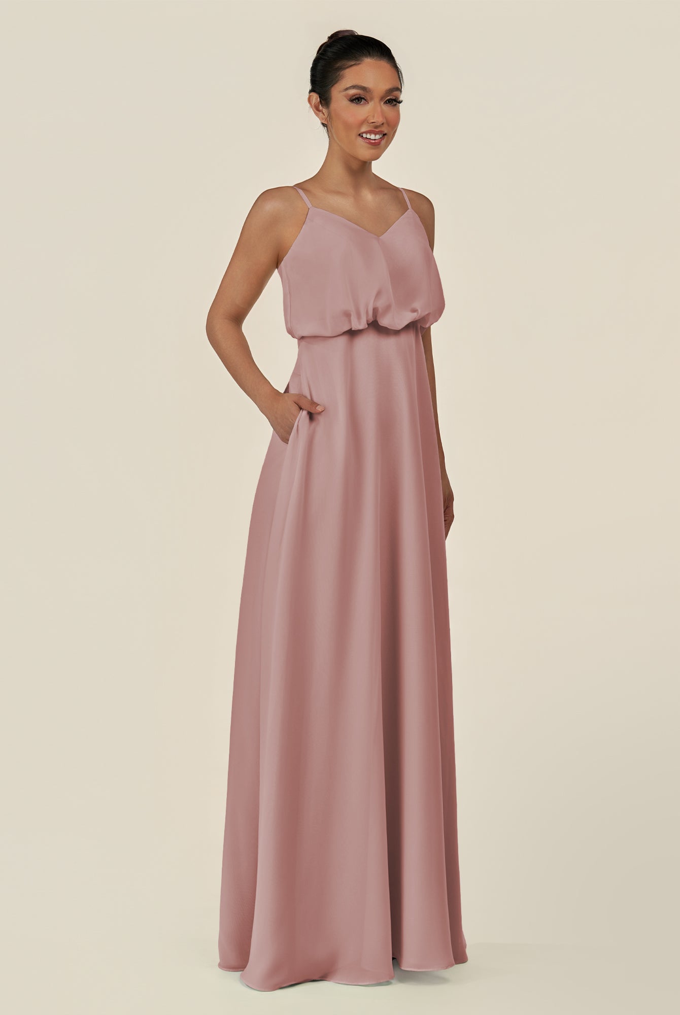 KissDress-Alix Dusty Rose A Line Chiffon V Neck Ruffled Overlay Long Bridesmaid Dress