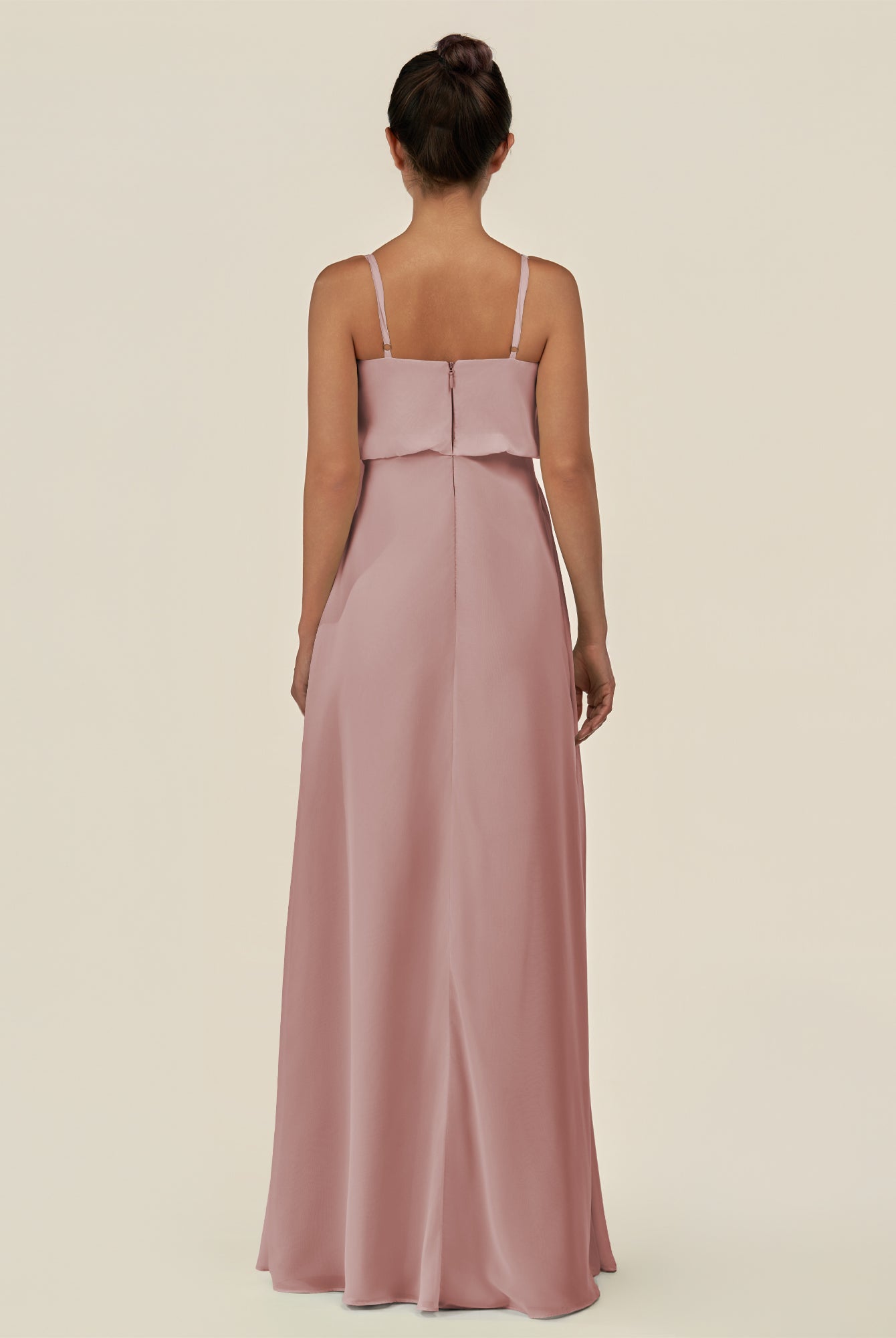 KissDress-Alix Dusty Rose A Line Chiffon V Neck Ruffled Overlay Long Bridesmaid Dress
