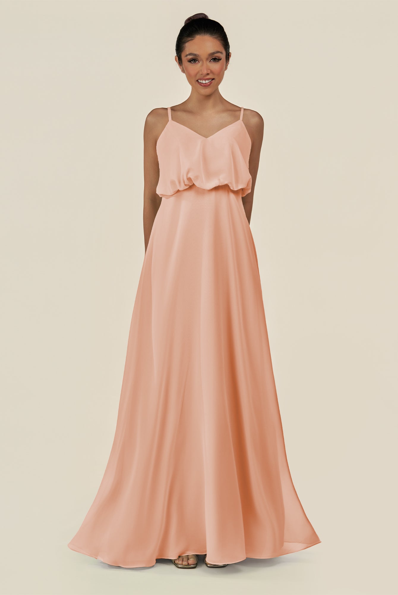 KissDress-Alix English Rose A Line Chiffon V Neck Ruffled Overlay Long Bridesmaid Dress