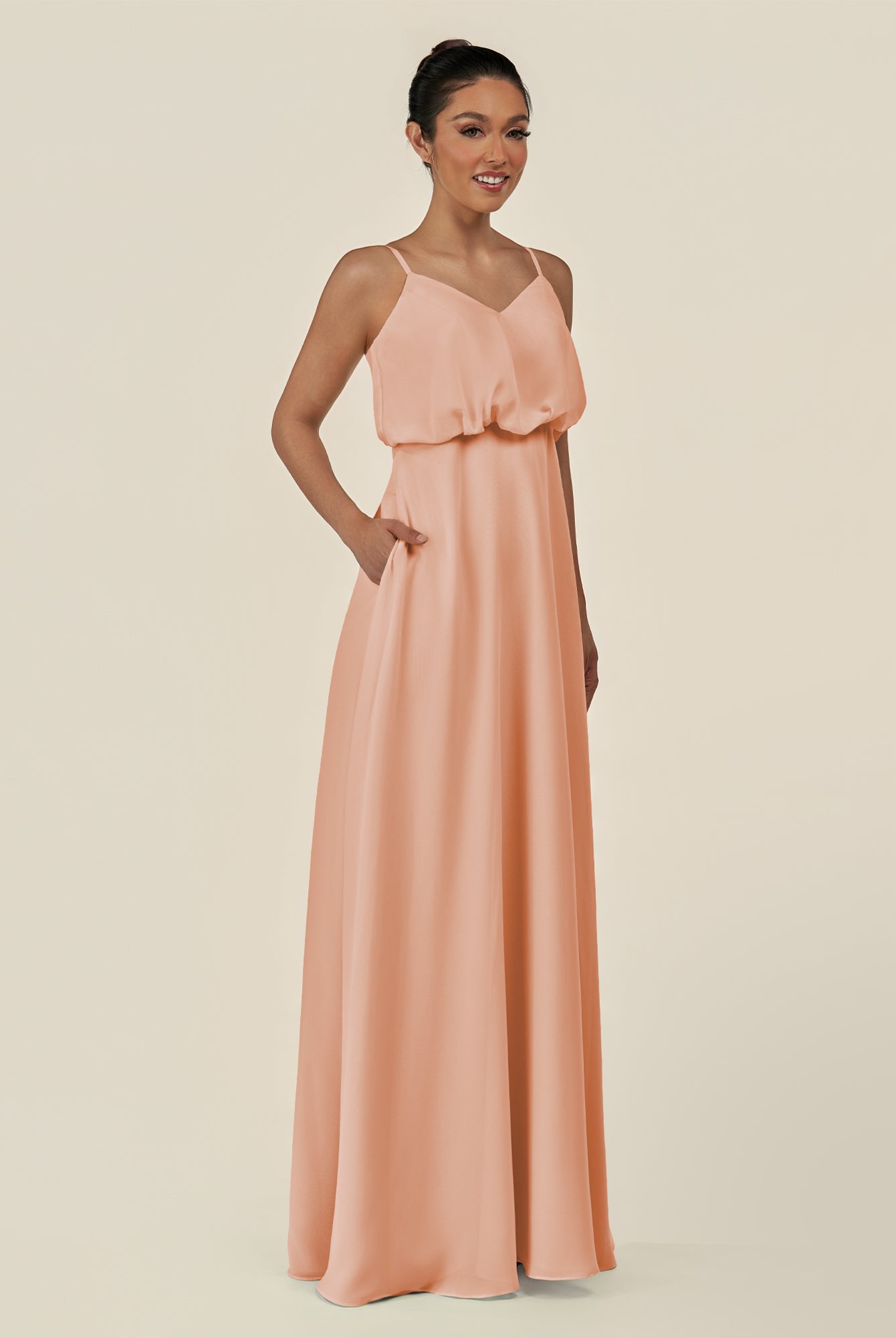 KissDress-Alix English Rose A Line Chiffon V Neck Ruffled Overlay Long Bridesmaid Dress