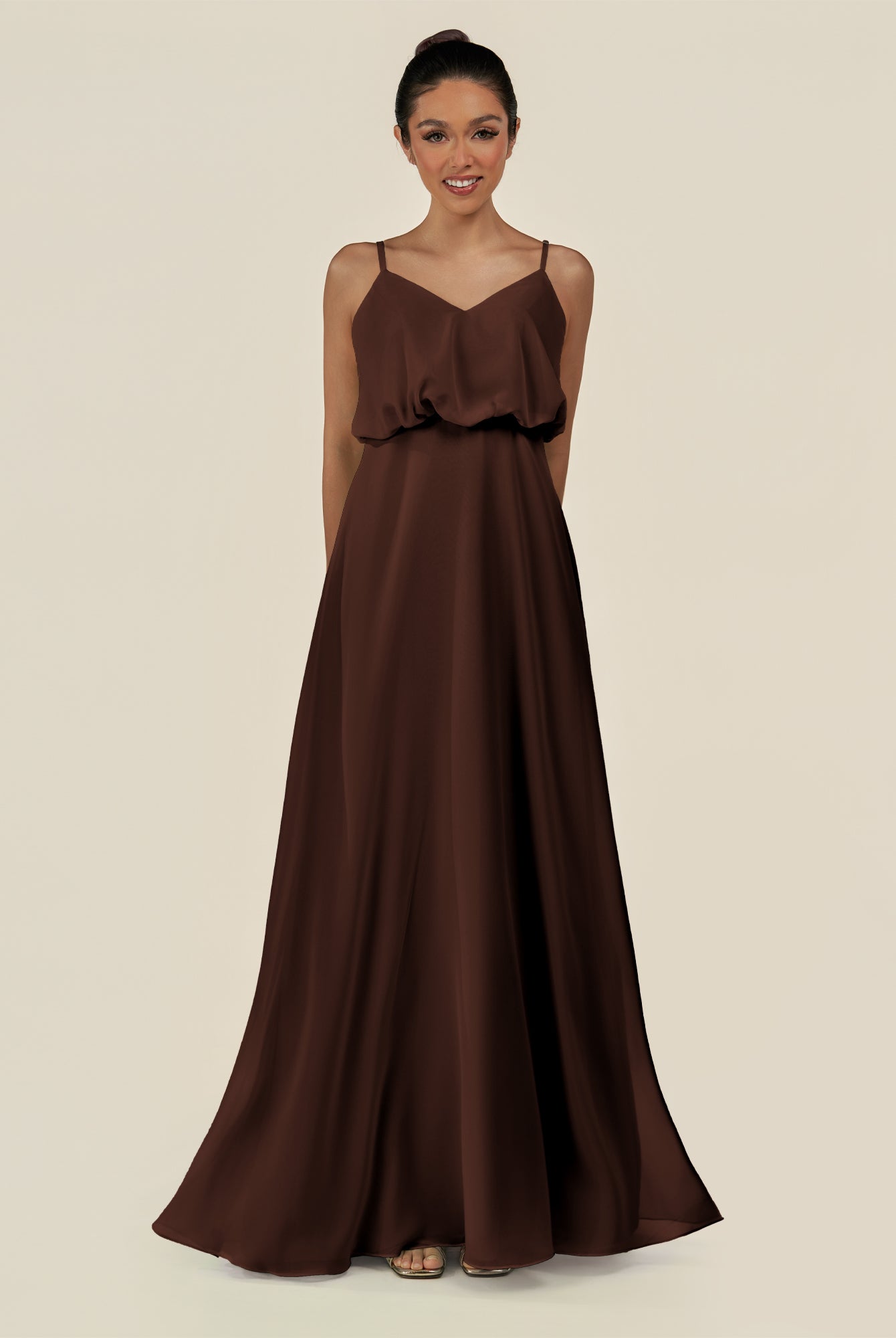 KissDress-Alix Espresso A Line Chiffon V Neck Ruffled Overlay Long Bridesmaid Dress