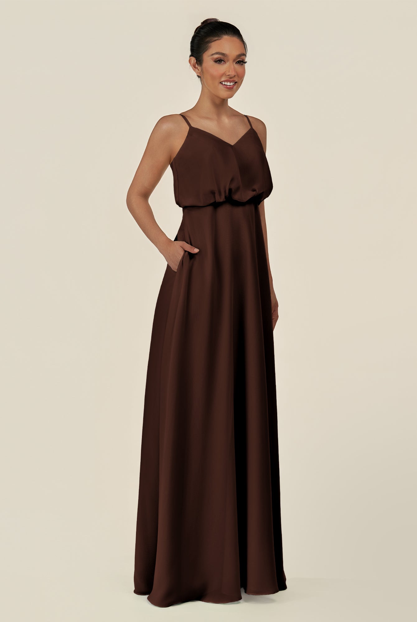 KissDress-Alix Espresso A Line Chiffon V Neck Ruffled Overlay Long Bridesmaid Dress