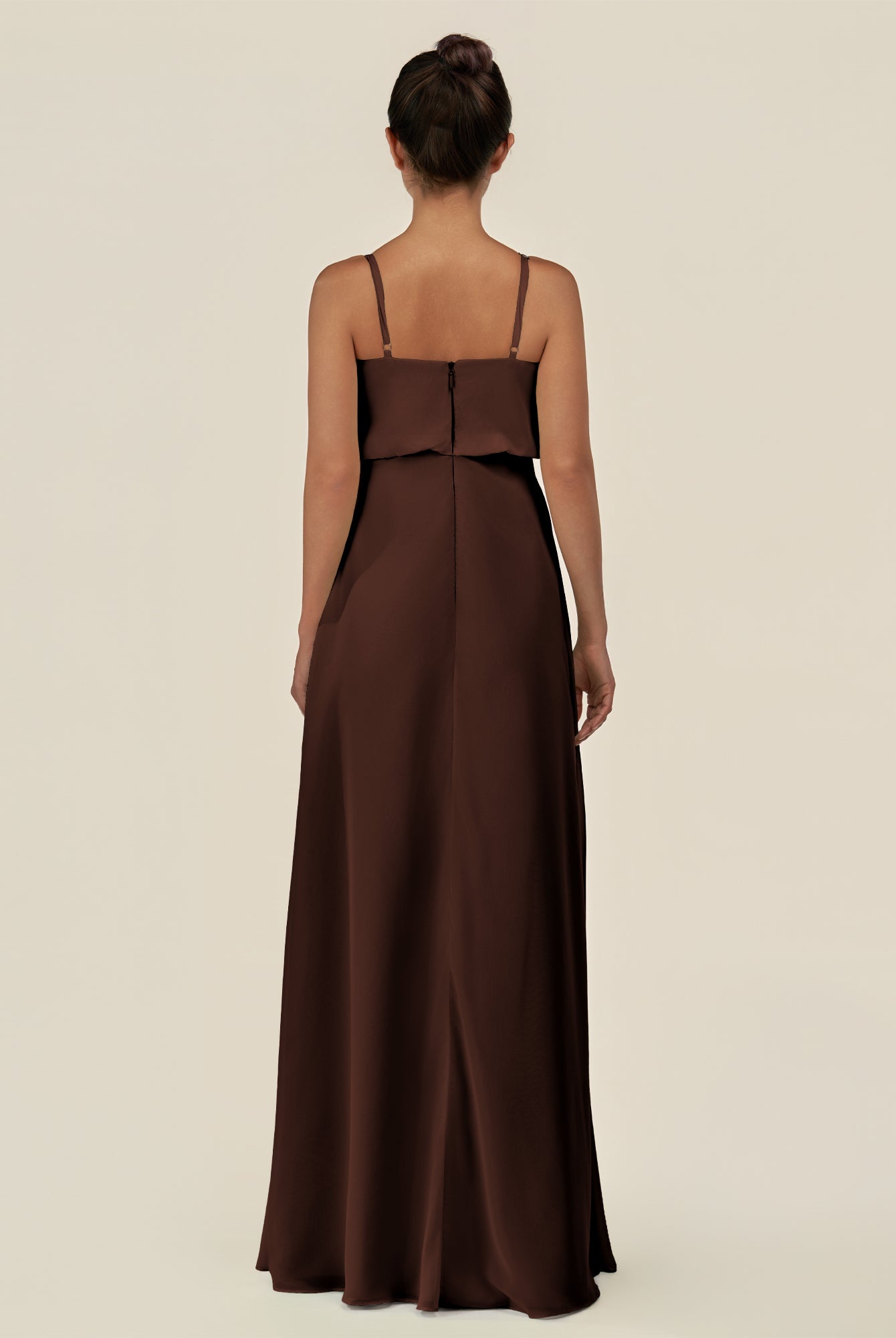 KissDress-Alix Espresso A Line Chiffon V Neck Ruffled Overlay Long Bridesmaid Dress