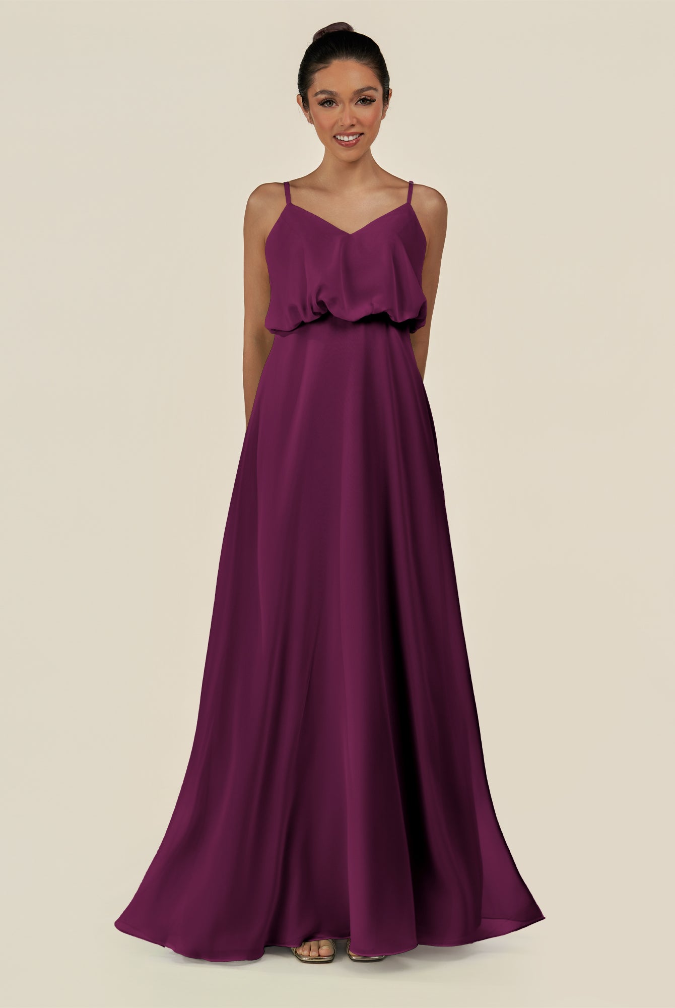 KissDress-Alix Fig A Line Chiffon V Neck Ruffled Overlay Long Bridesmaid Dress