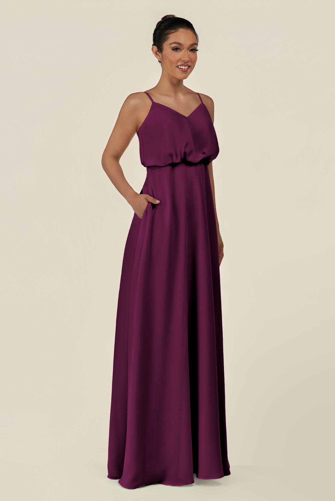 KissDress-Alix Fig A Line Chiffon V Neck Ruffled Overlay Long Bridesmaid Dress