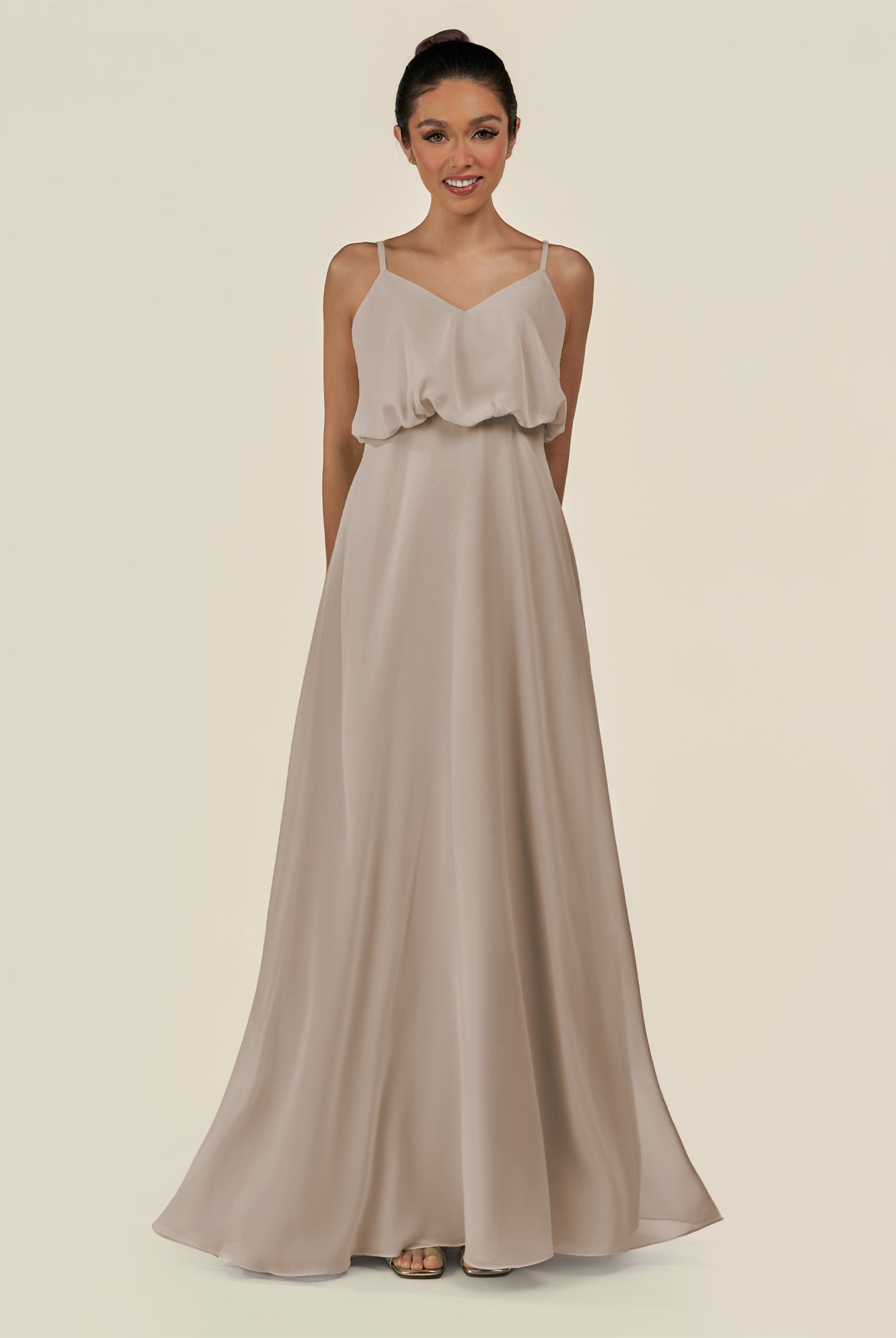 KissDress-Alix Frost A Line Chiffon V Neck Ruffled Overlay Long Bridesmaid Dress