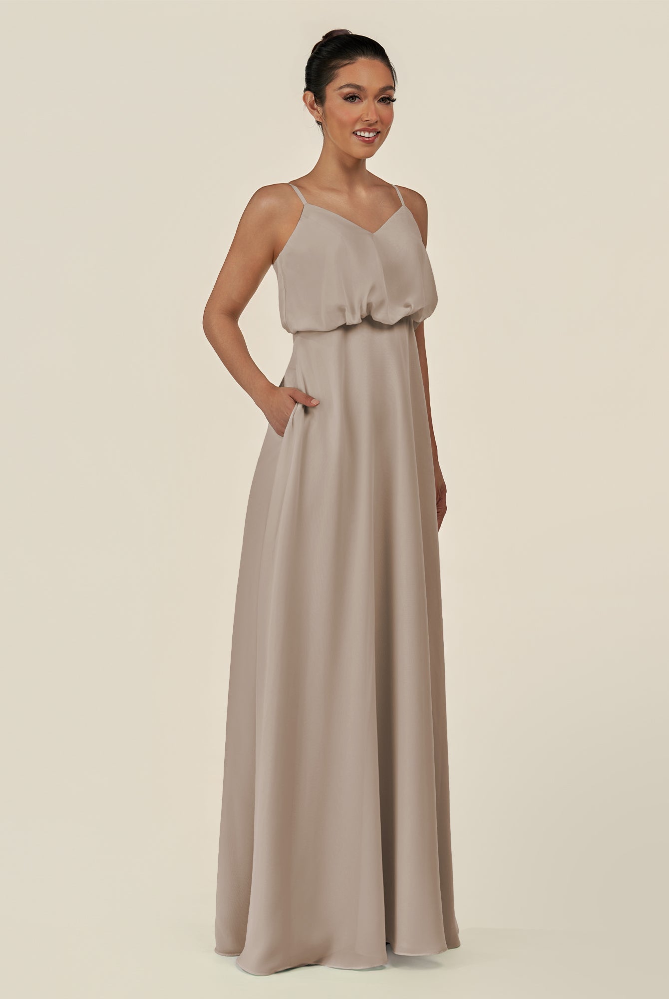 KissDress-Alix Frost A Line Chiffon V Neck Ruffled Overlay Long Bridesmaid Dress