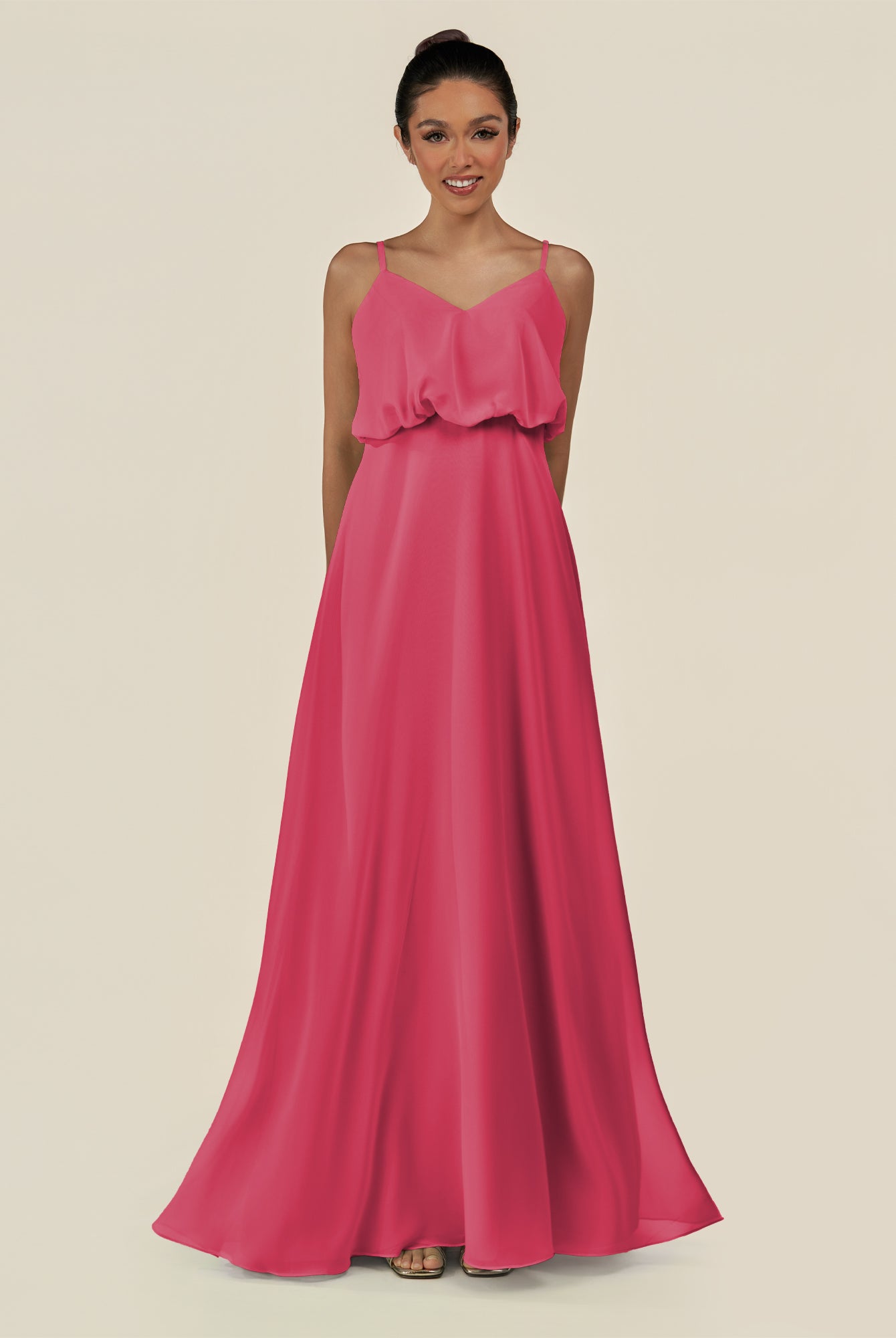 KissDress-Alix Fuchsia A Line Chiffon V Neck Ruffled Overlay Long Bridesmaid Dress