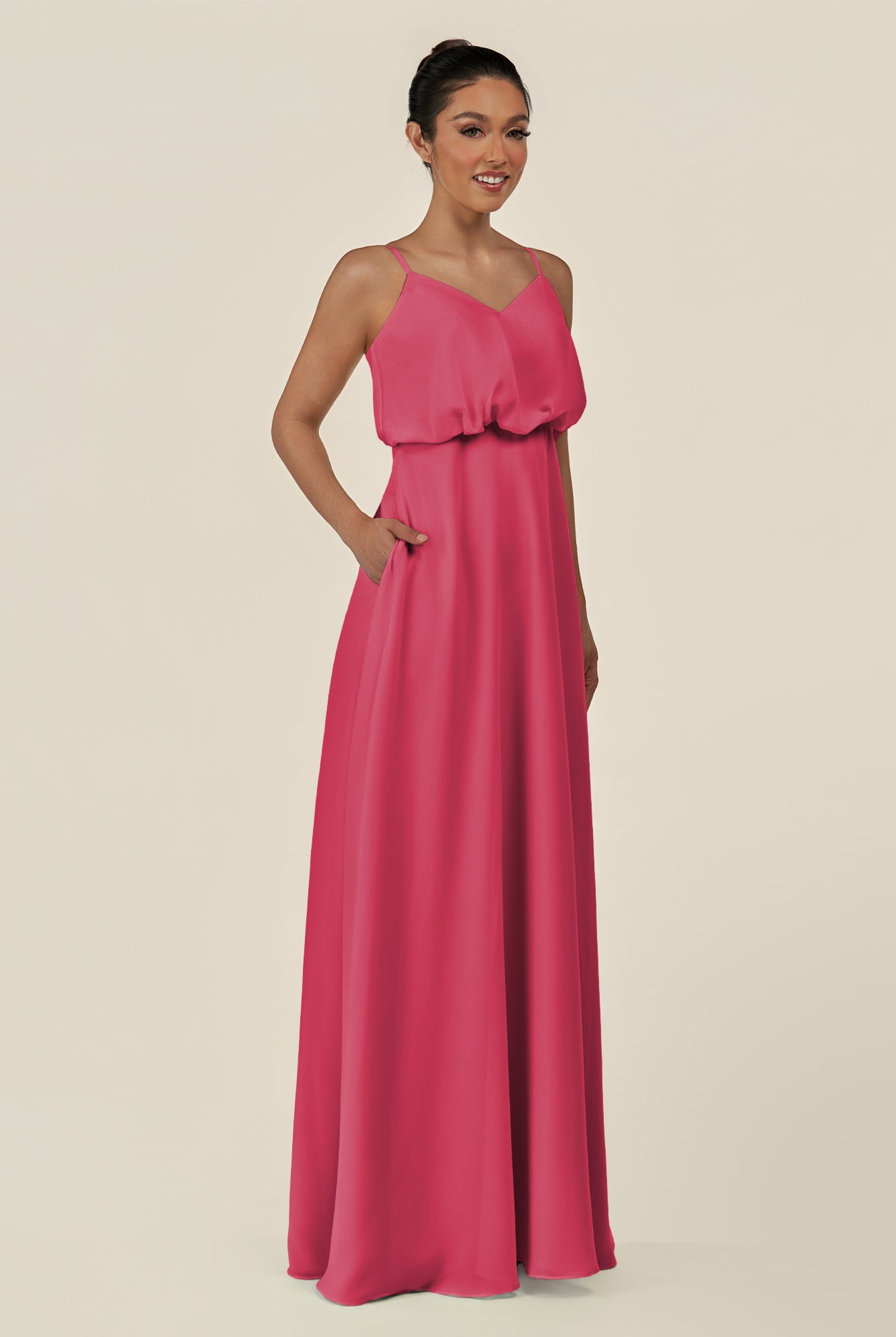 KissDress-Alix Fuchsia A Line Chiffon V Neck Ruffled Overlay Long Bridesmaid Dress