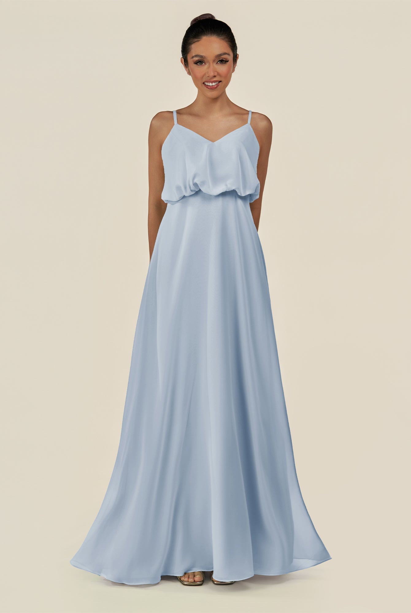 KissDress-Alix Ice A Line Chiffon V Neck Ruffled Overlay Long Bridesmaid Dress