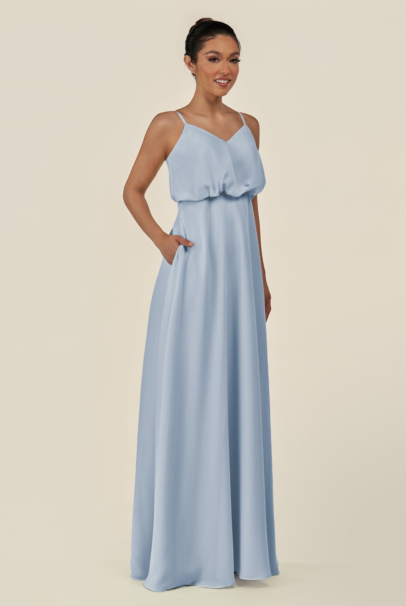 KissDress-Alix Ice A Line Chiffon V Neck Ruffled Overlay Long Bridesmaid Dress
