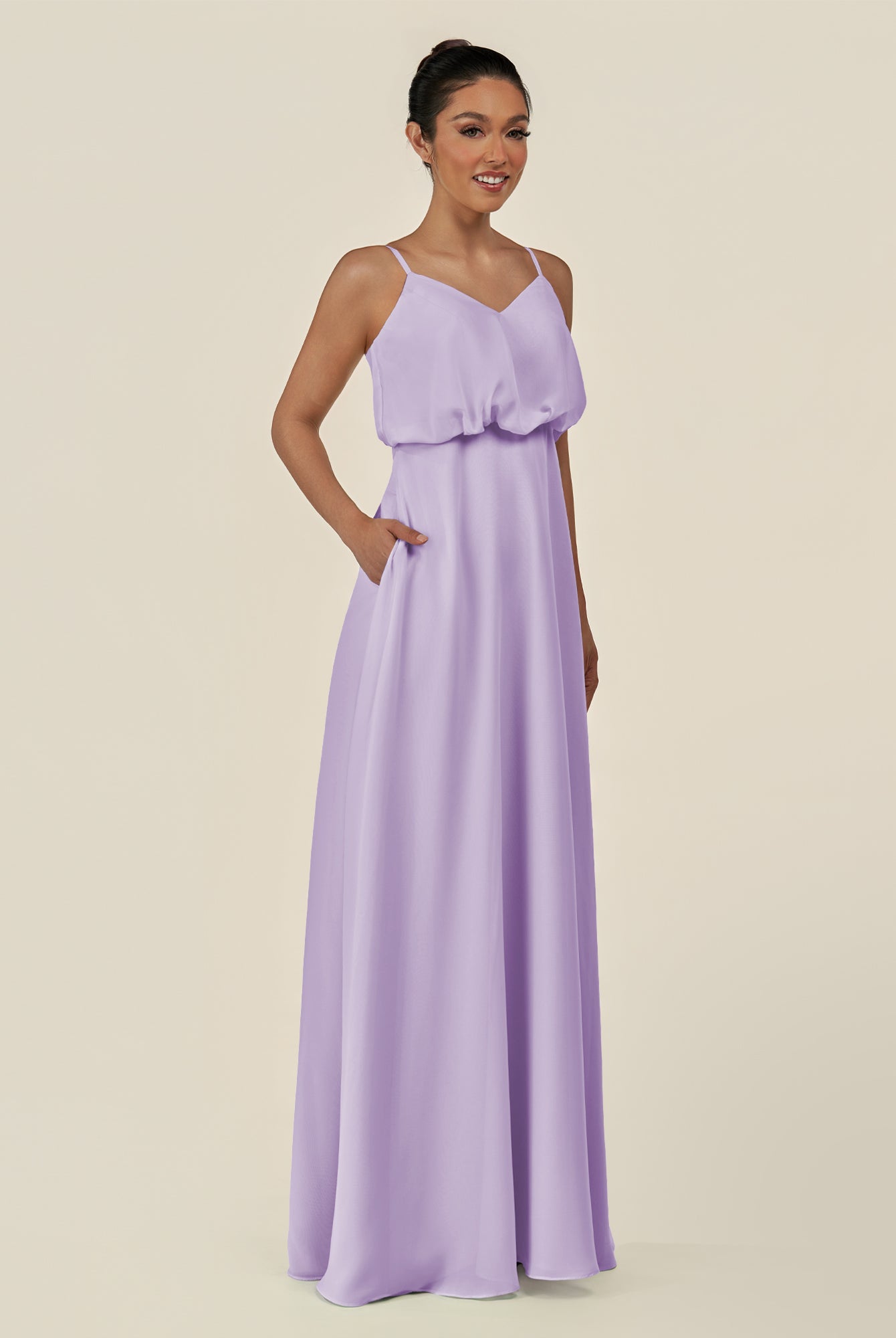 KissDress-Alix Lavender A Line Chiffon V Neck Ruffled Overlay Long Bridesmaid Dress